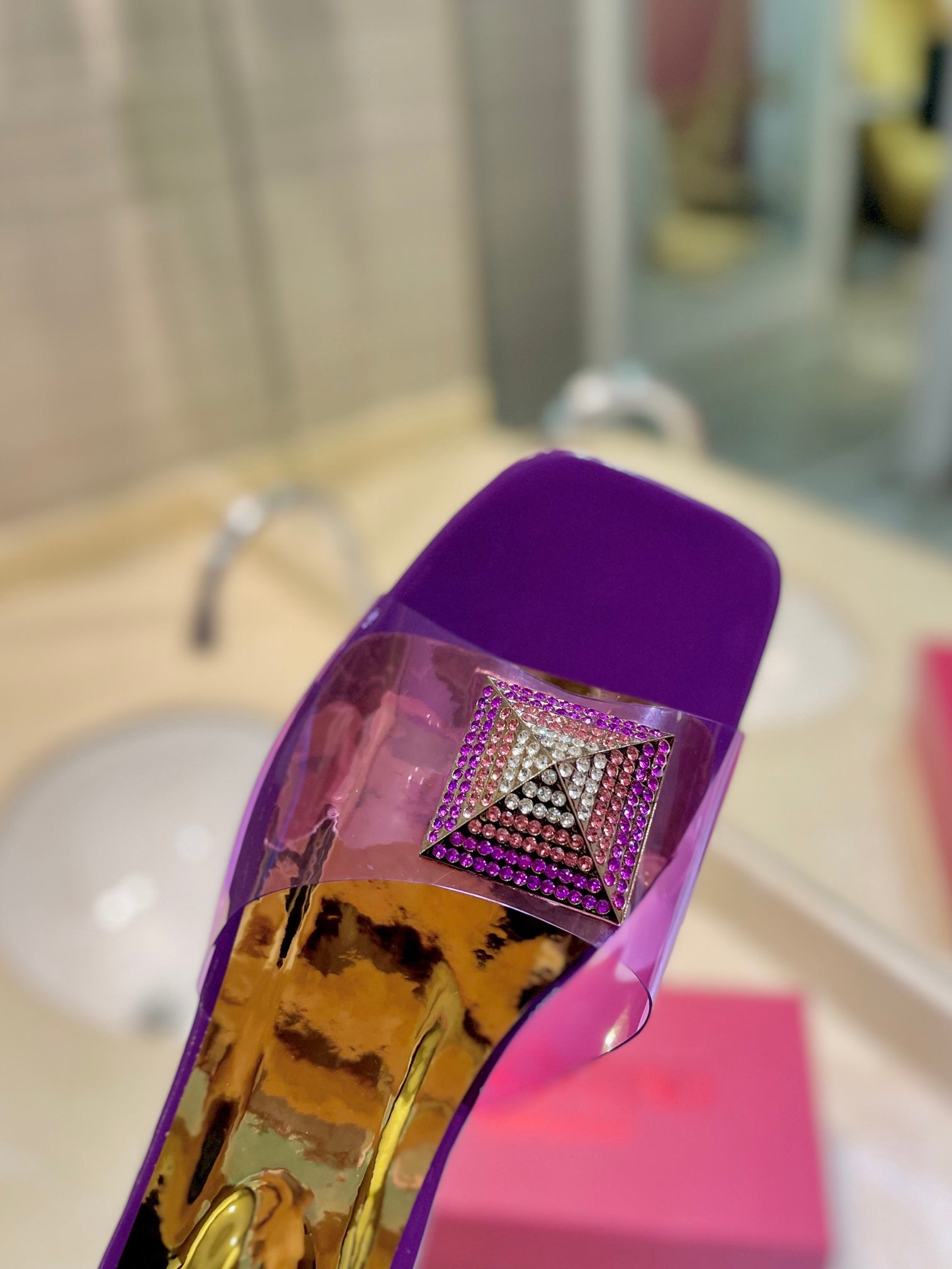 Valentino 26s Flat Slides Purple Mix Gold Lambskin With Crystal