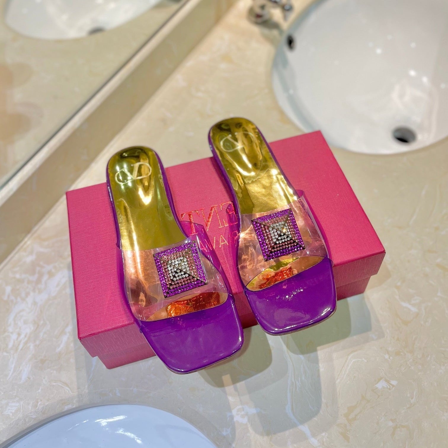 Valentino 26s Flat Slides Purple Mix Gold Lambskin With Crystal