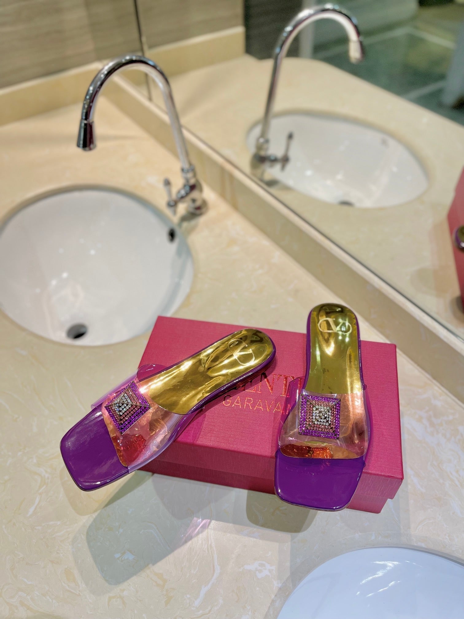 Valentino 26s Flat Slides Purple Mix Gold Lambskin With Crystal