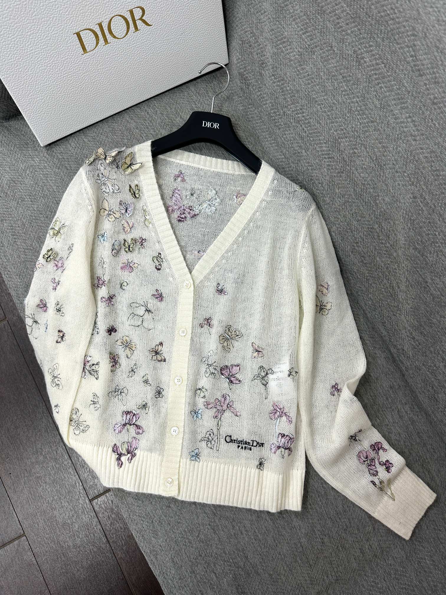 CD Butterfly Embroidered Cardigan White Alpaca Wool Cashmere 345330