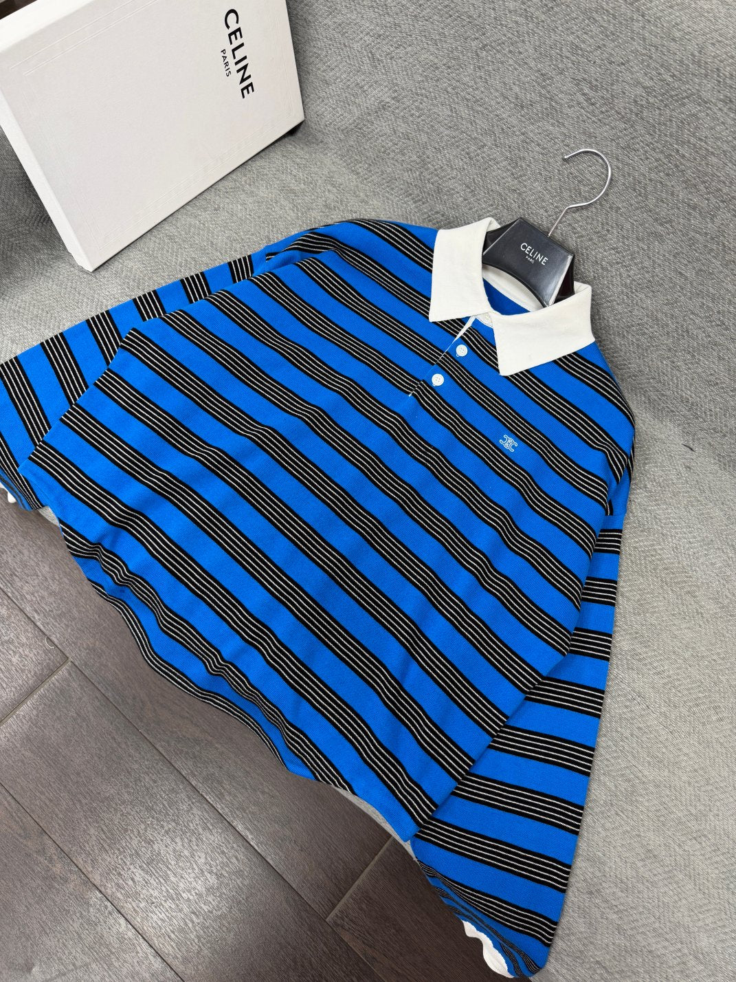 Celine 26s Striped Collared Knit Sweater Blue Black 414835