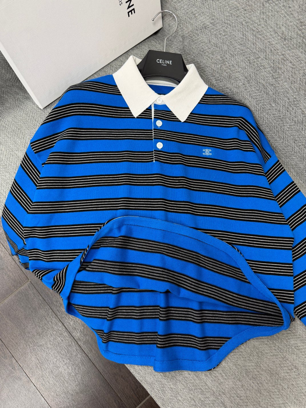 Celine 26s Striped Collared Knit Sweater Blue Black 414835