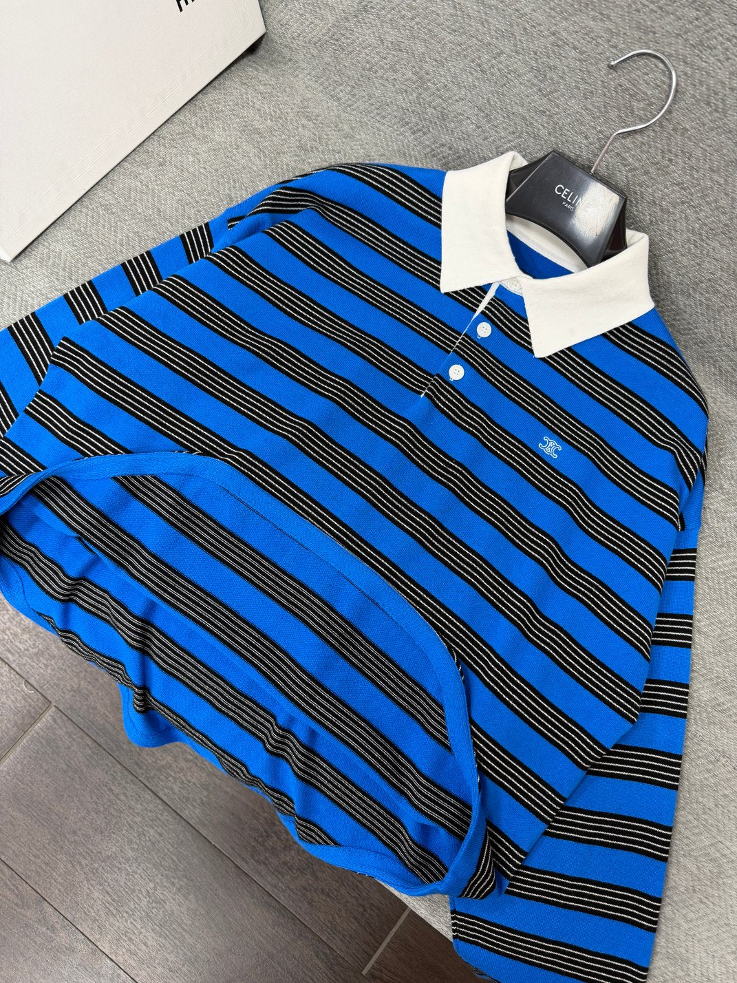 Celine 26s Striped Collared Knit Sweater Blue Black 414835