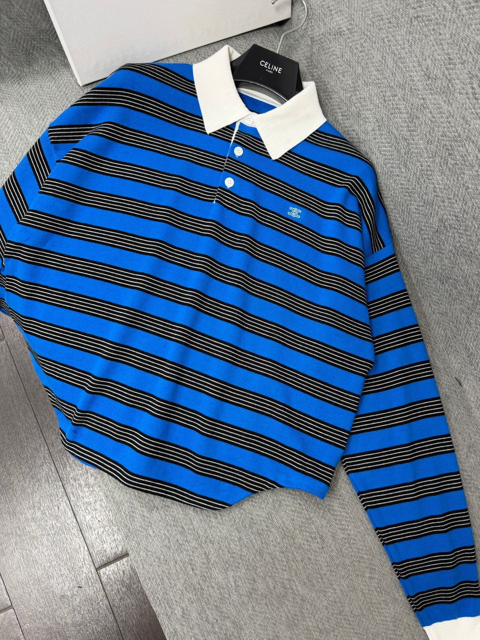 Celine 26s Striped Collared Knit Sweater Blue Black 414835