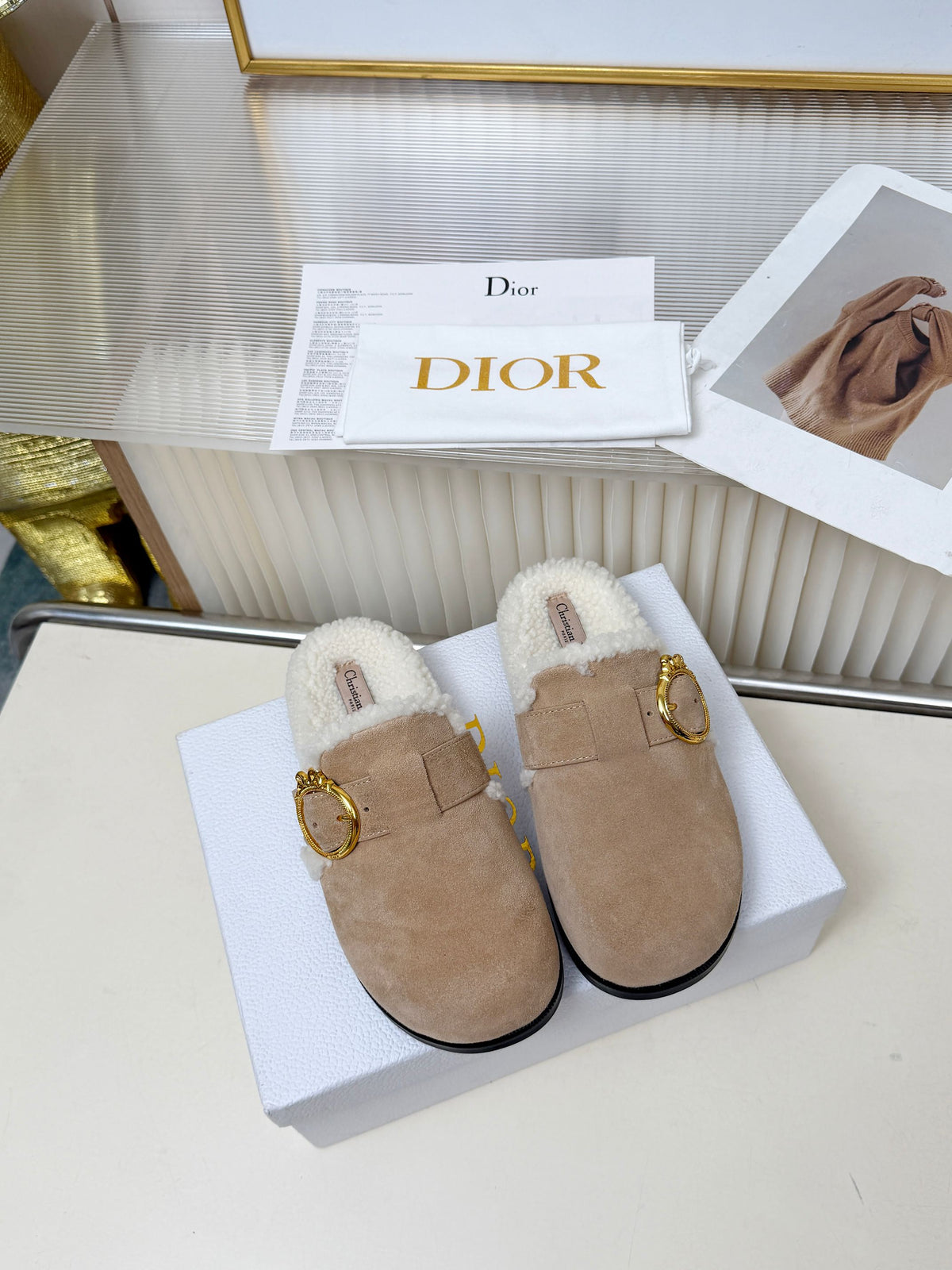 CD 26s Mules Trench Beige Suede Shearling 124416