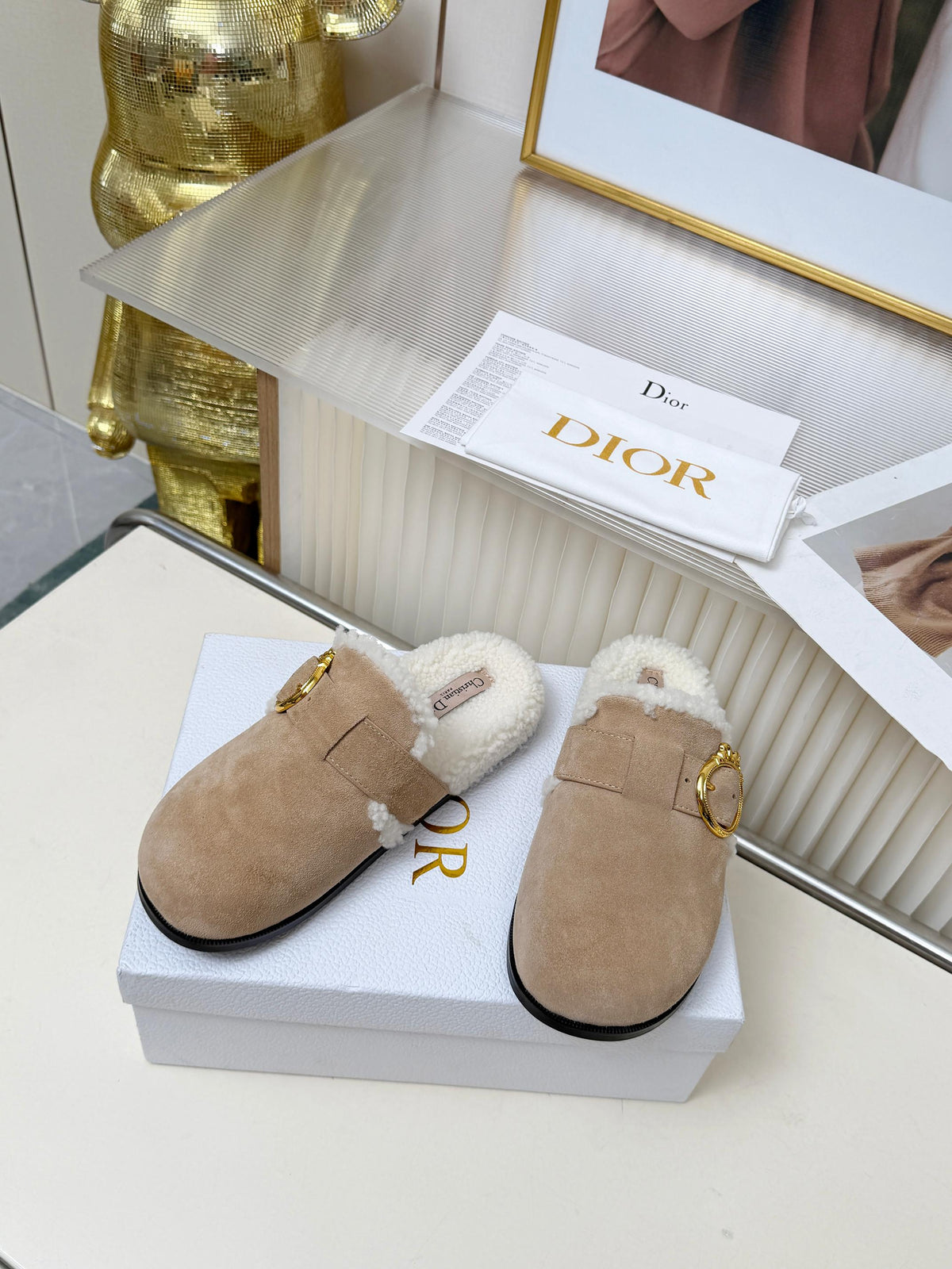 CD 26s Mules Trench Beige Suede Shearling 124416