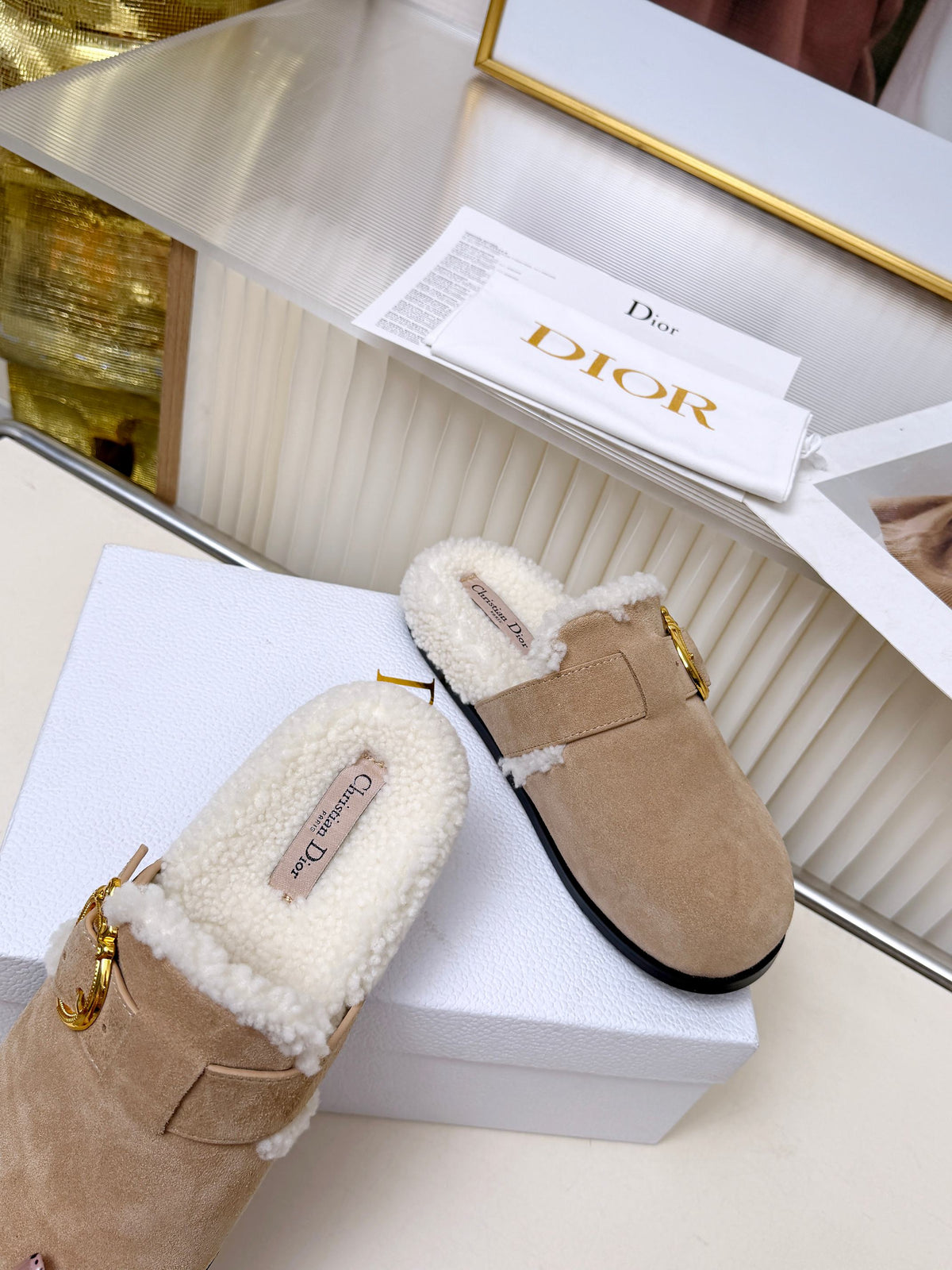 CD 26s Mules Trench Beige Suede Shearling 124416