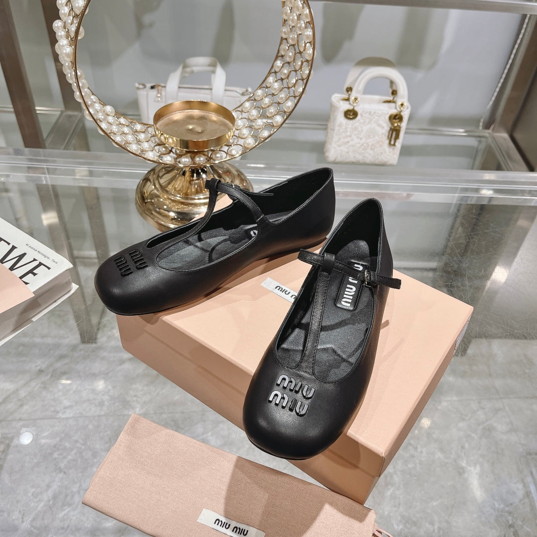 Miu Mary Jane Sandal Black With T - Strap Sheepskin