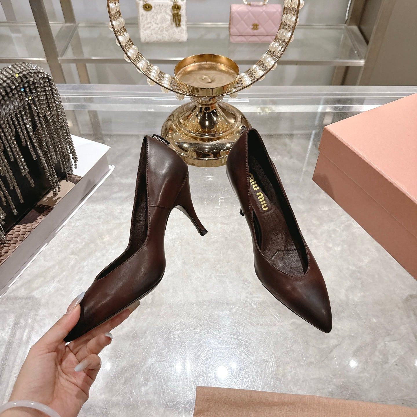 Miu High Heel Pumps Chocolate Brown Sheepskin 592080