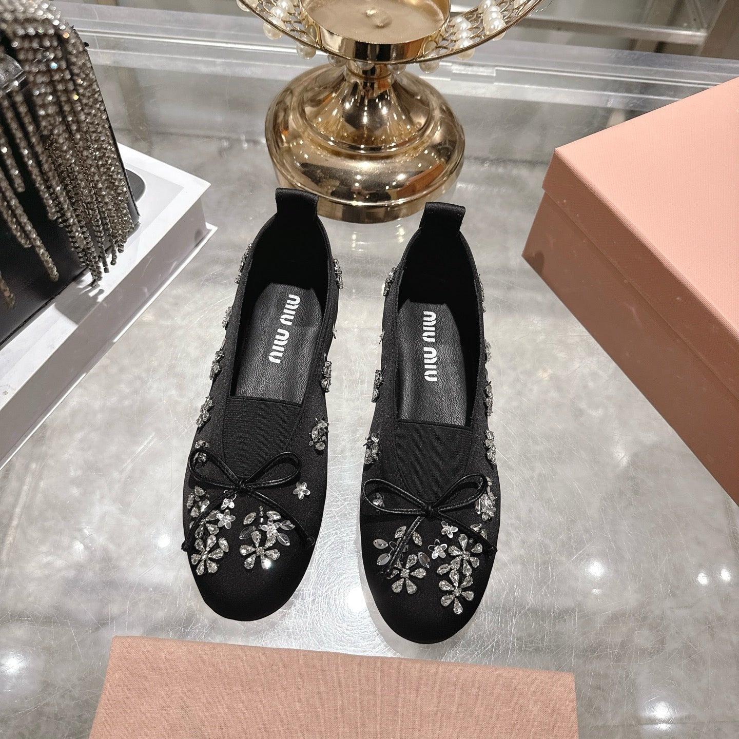 Miu 26 Ballet Flats with Crystal Rhinestones Black Silk Satin 592106