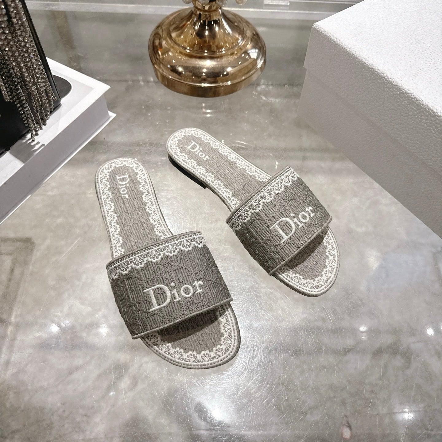 CD 26 Embroidered Sandals Gray White Canvas 592243