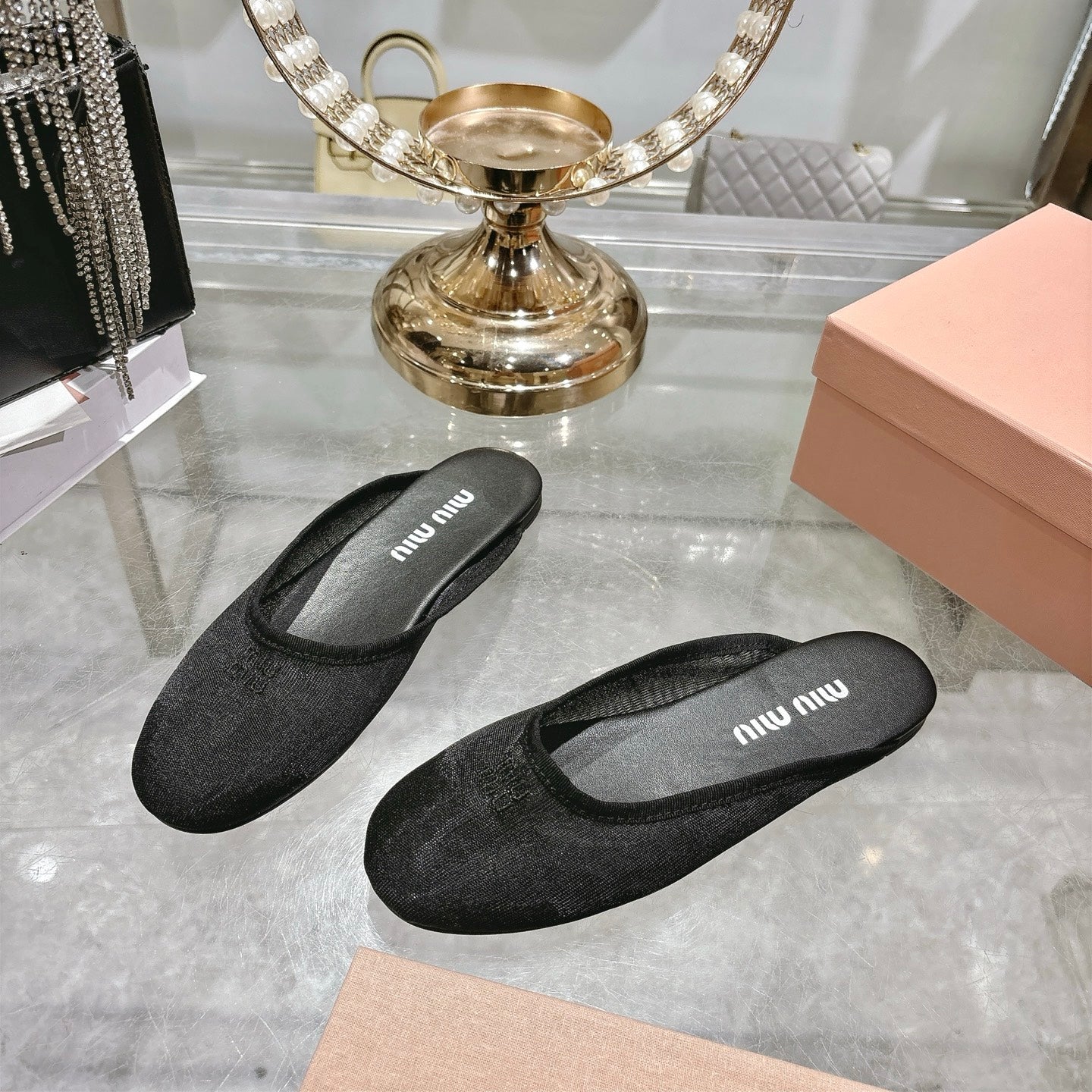 Miu Miu 26s Slippers Black Mesh 679835