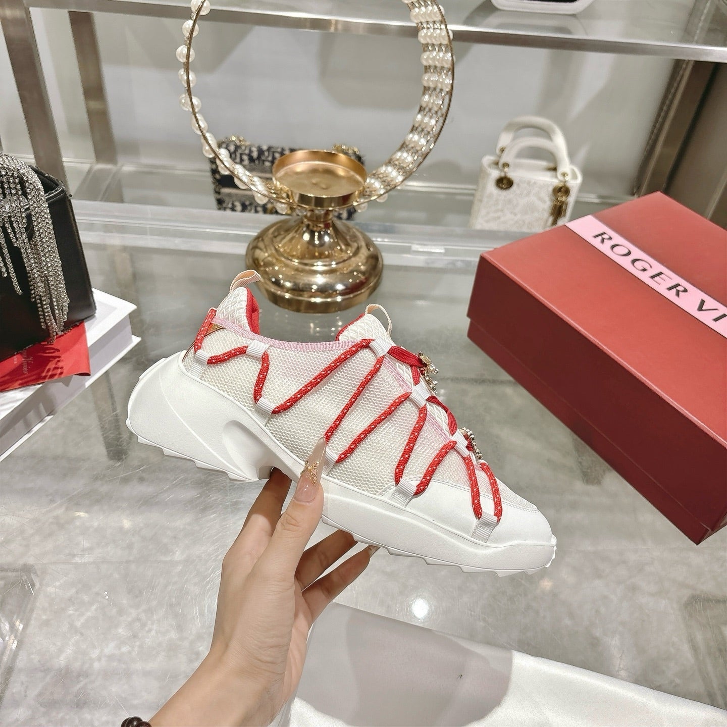 Roger Vivier Zag Sneakers White Red Lace Lambskin 679800