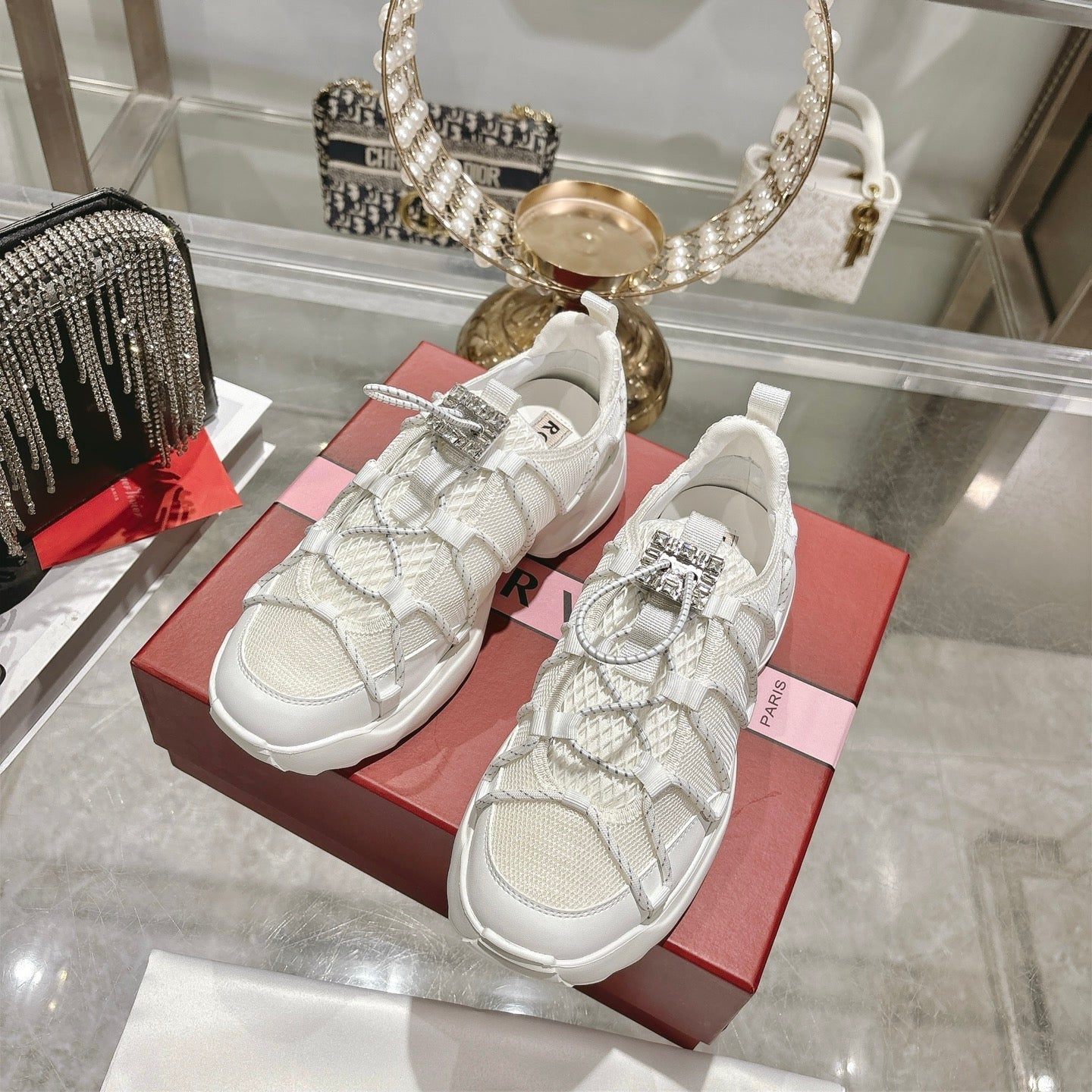 Roger Vivier Zag Sneakers White Lace Lambskin 679802