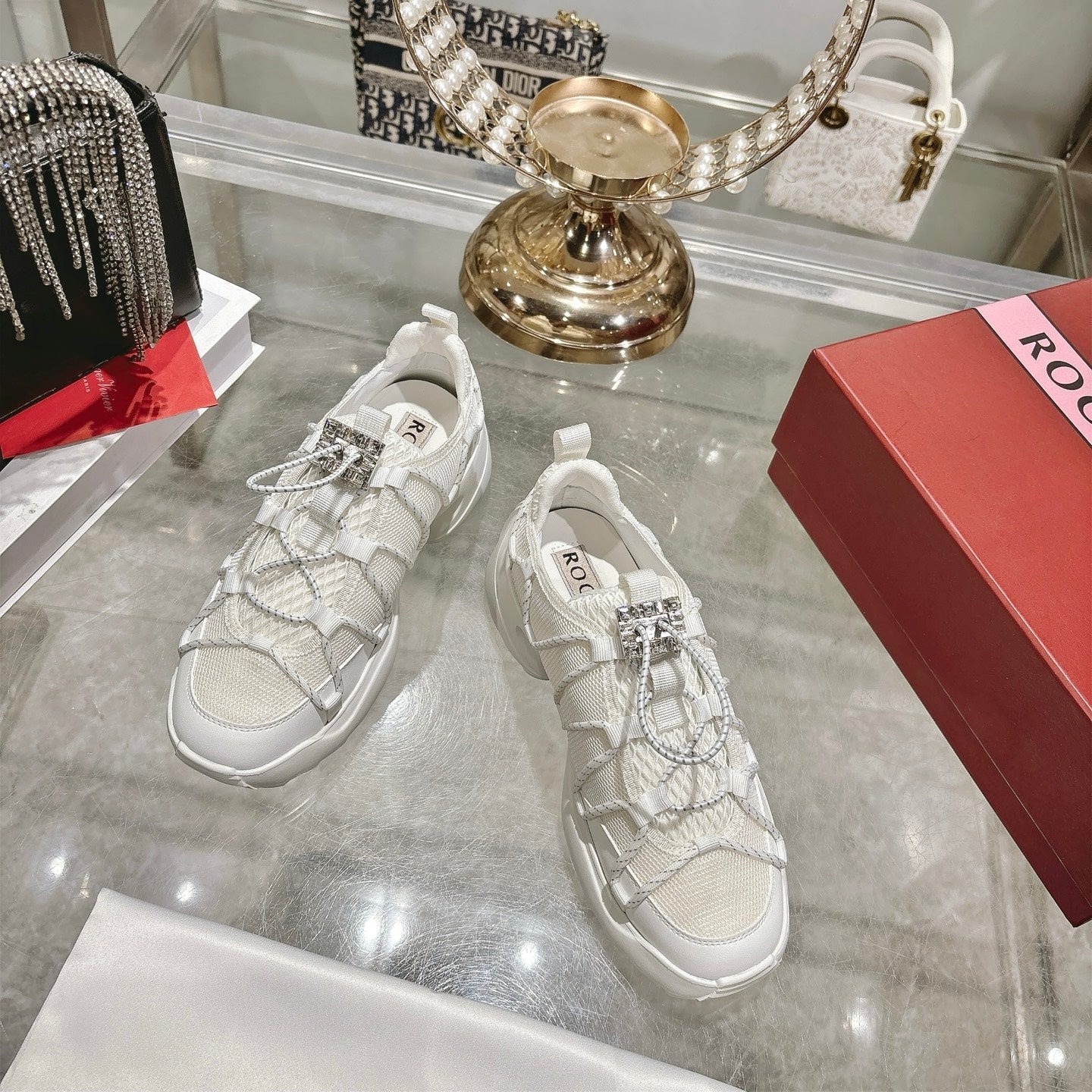 Roger Vivier Zag Sneakers White Lace Lambskin 679802