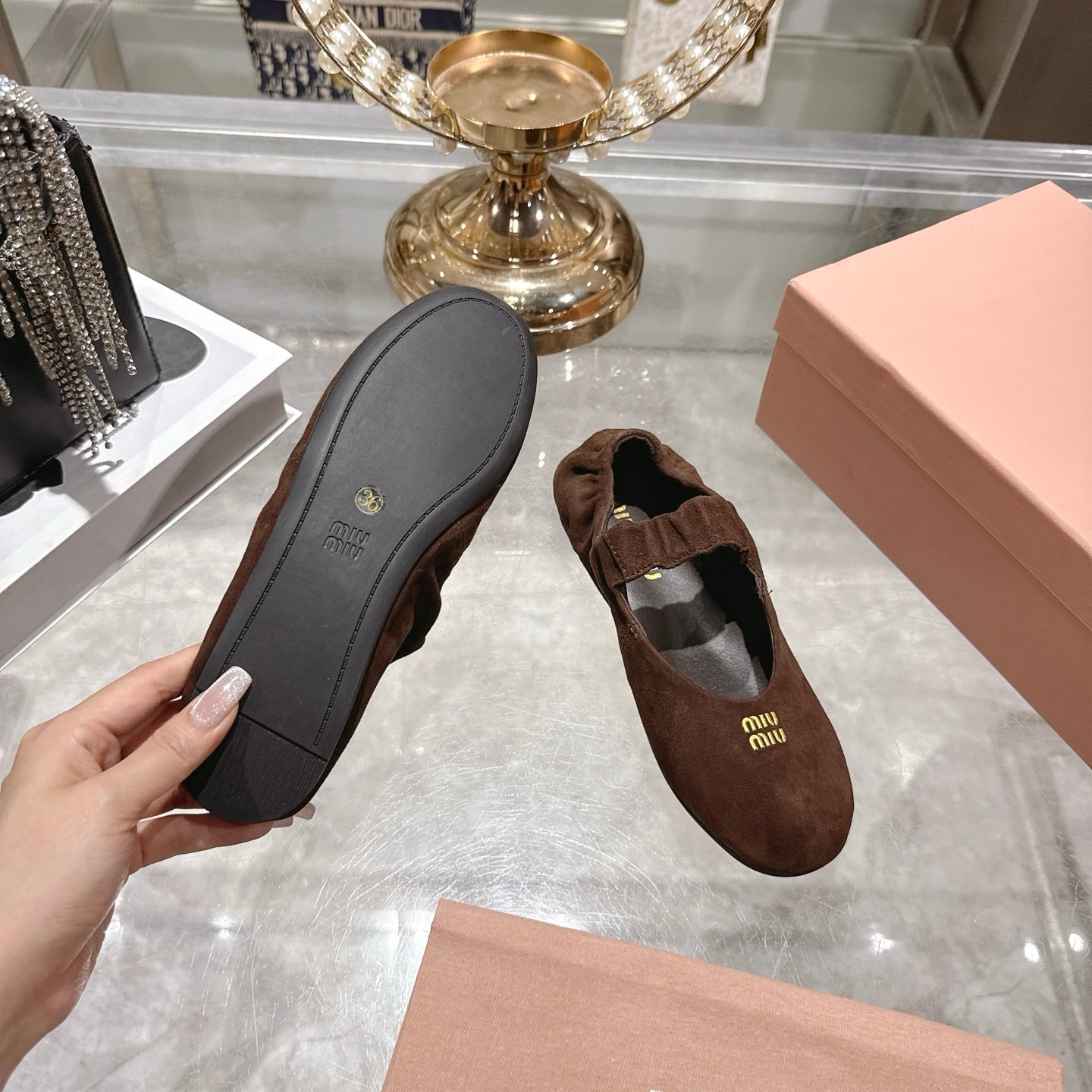 Miu 26s Mary Jane Flats In Dark Brown Suede Elastic Strap