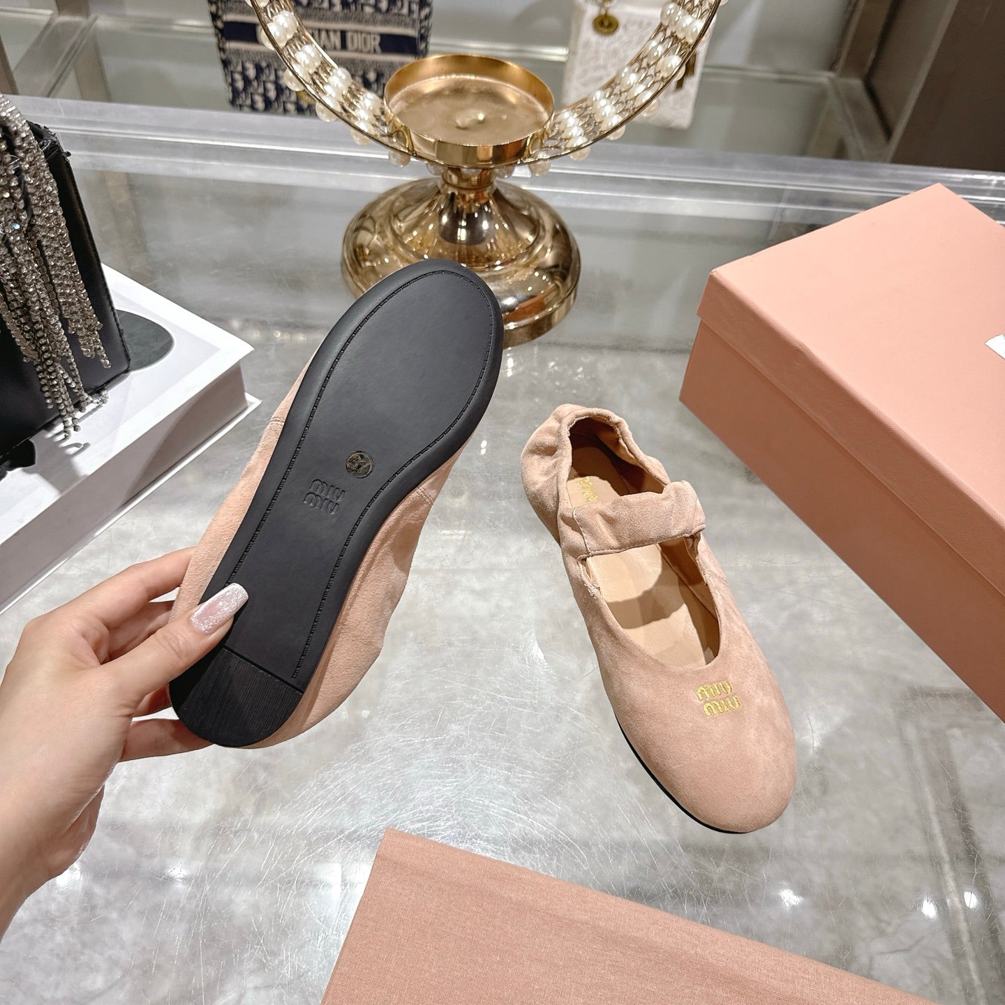 Miu 26s Mary Jane Flats In Light Pink Suede Elastic Strap