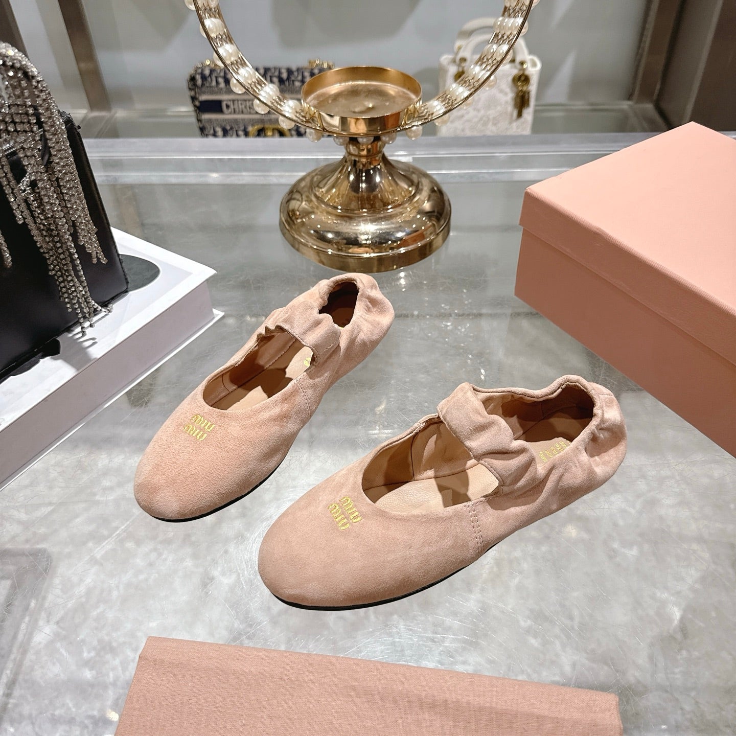 Miu 26s Mary Jane Flats In Light Pink Suede Elastic Strap
