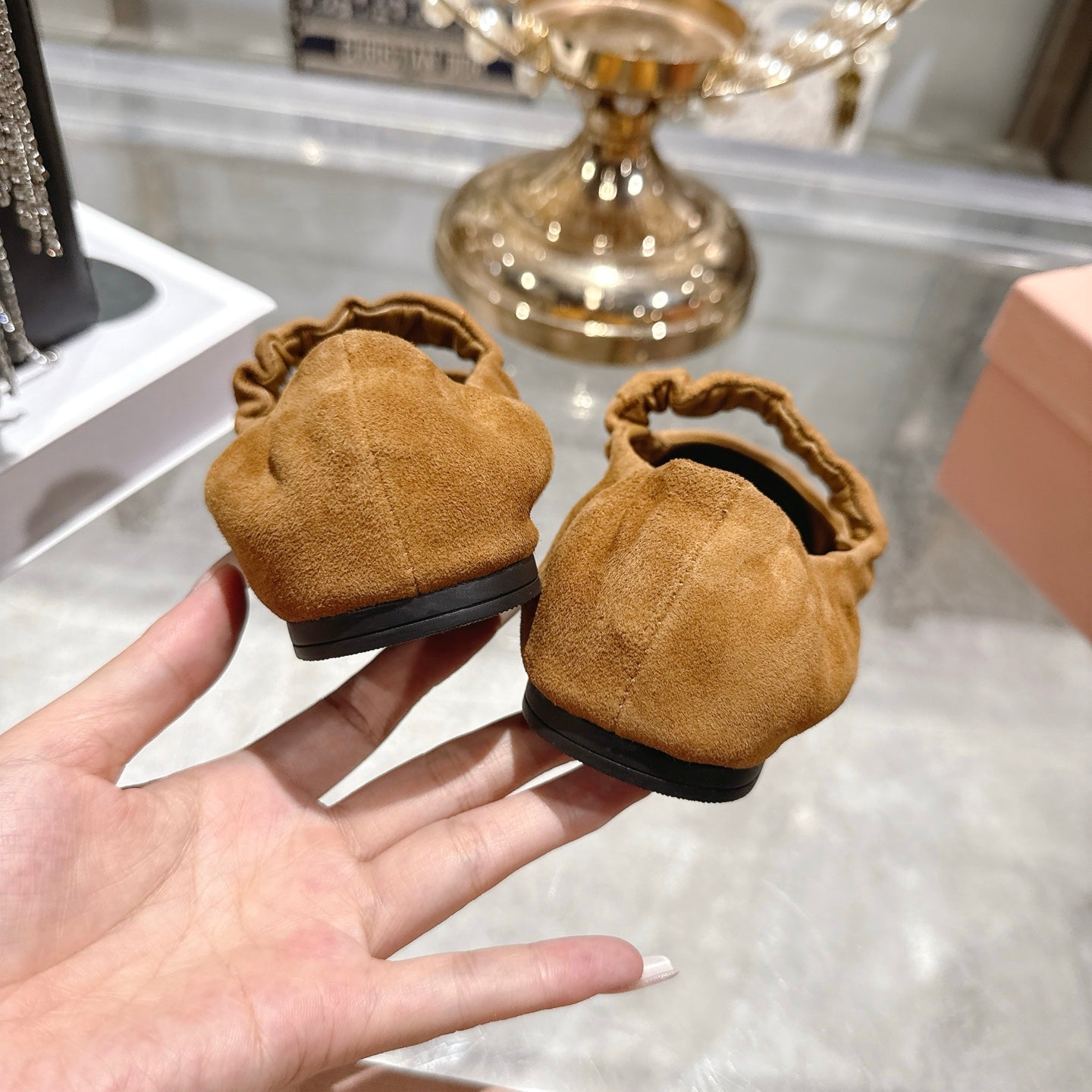Miu 26s Mary Jane Flats In Brown Suede Elastic Strap