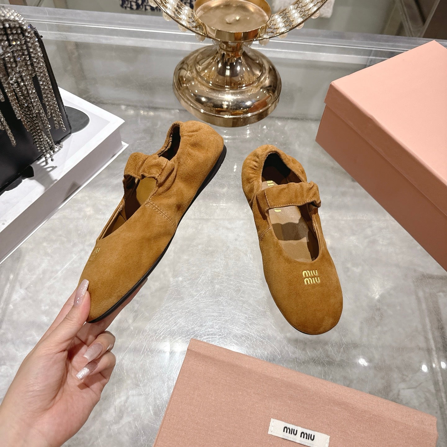Miu 26s Mary Jane Flats In Brown Suede Elastic Strap