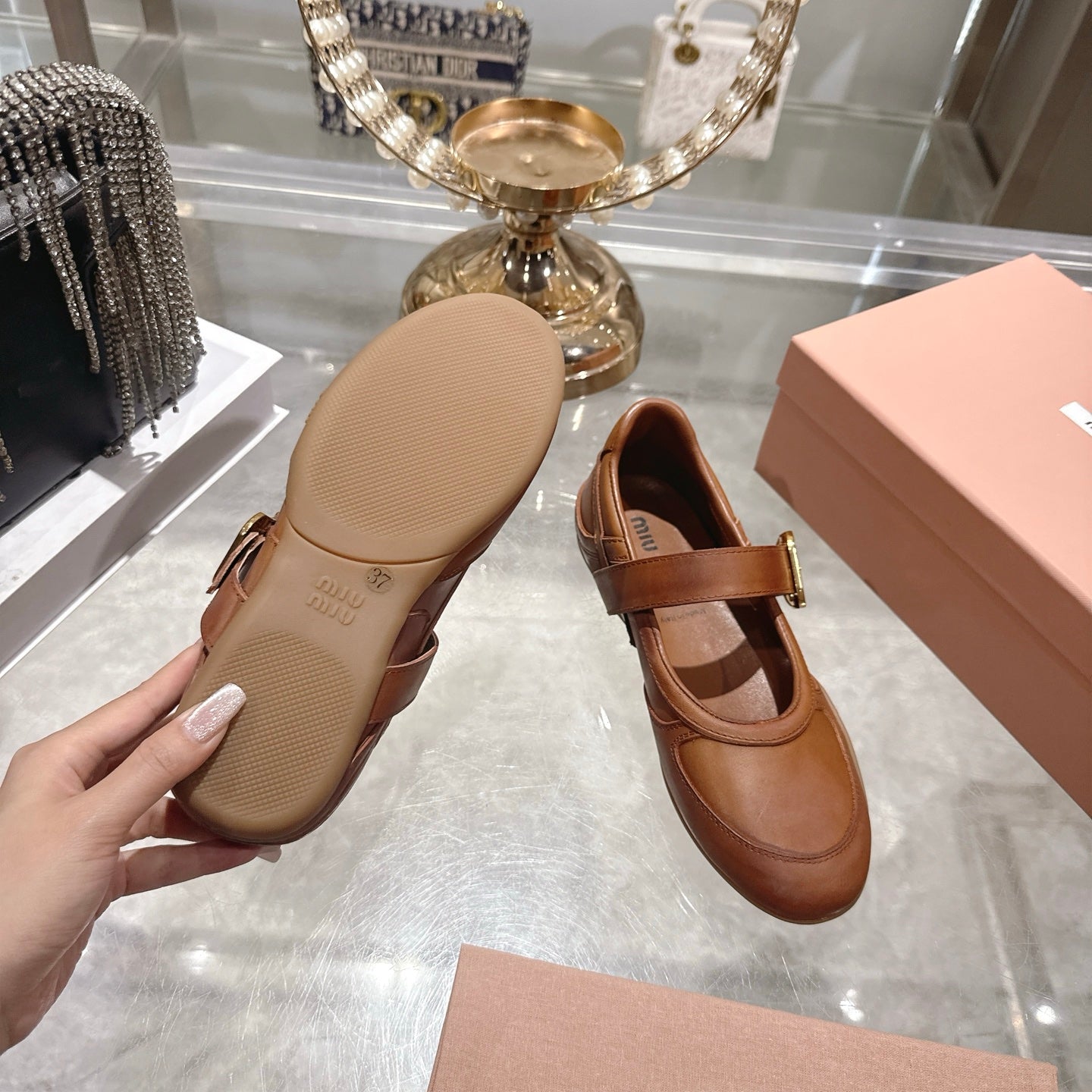 Miu 26s Gymnasium Ballerinas Brown Leather 679785