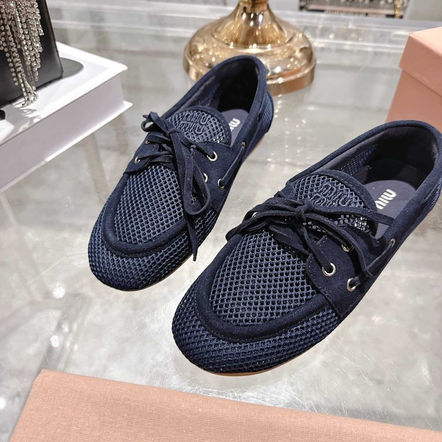 Miu 26s Boat Shoe Navy Blue Mesh Suede 679795