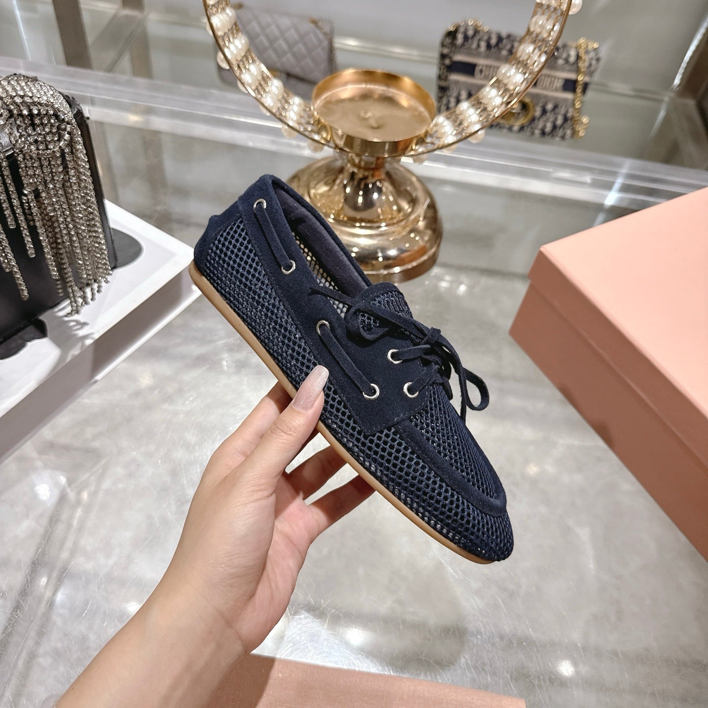Miu 26s Boat Shoe Navy Blue Mesh Suede 679795