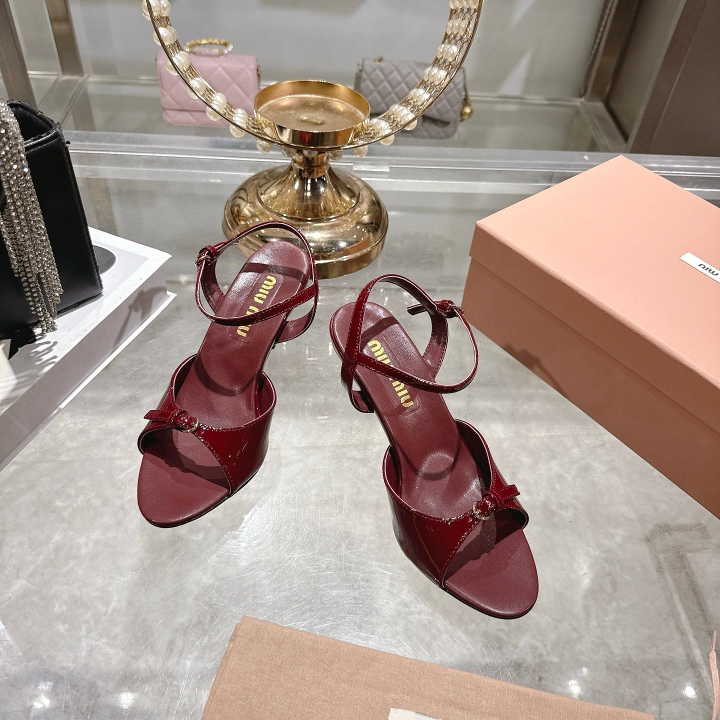 Miu Sandal With Buckle Burgundy Patent Leather 751327