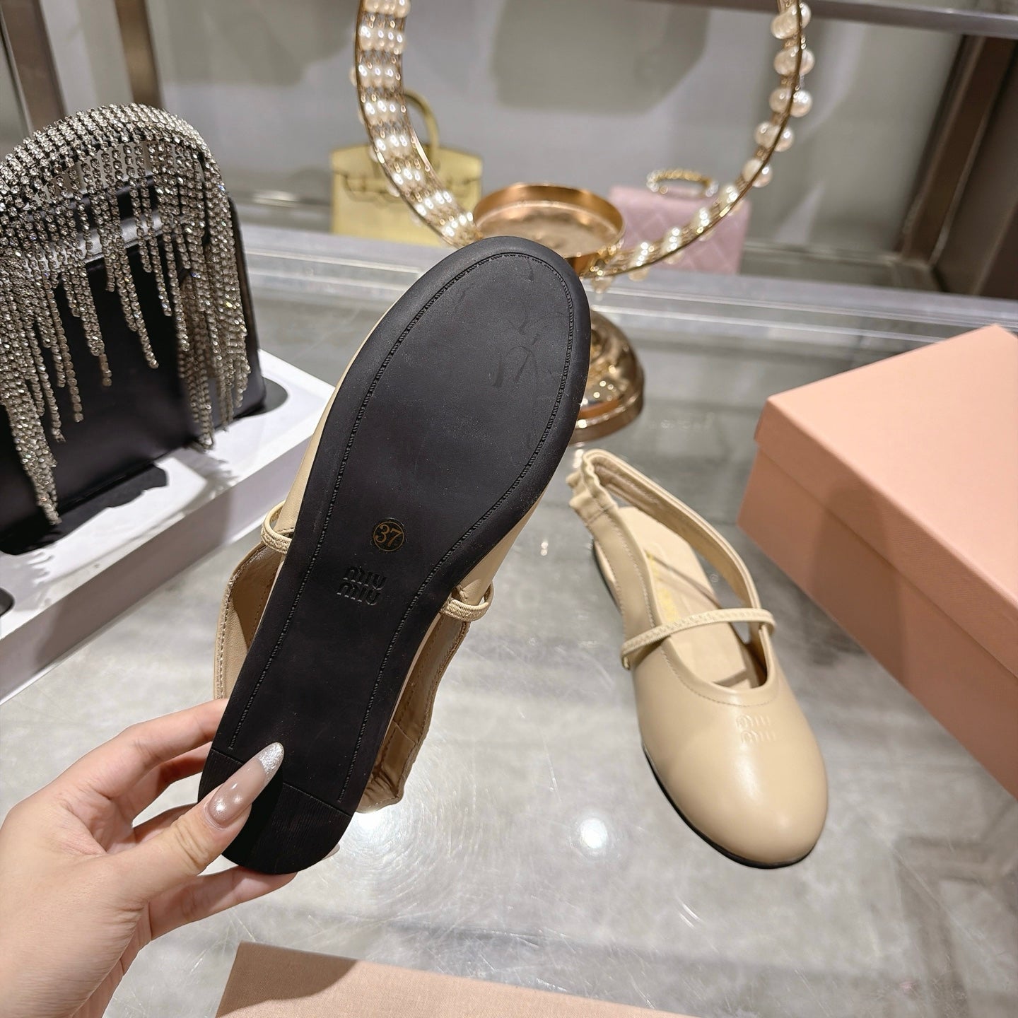 Miu Miu Slingback Flats Beige Leather 901737