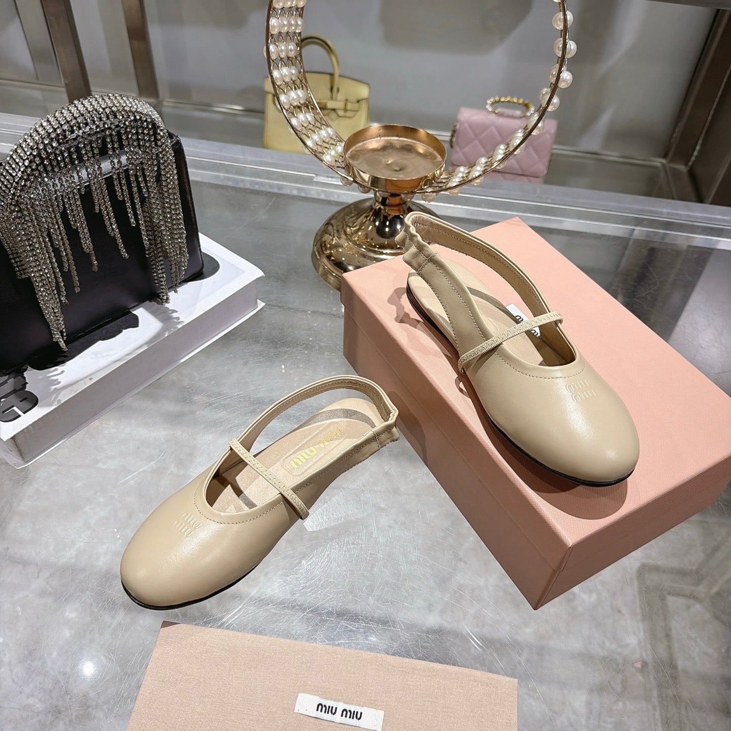Miu Miu Slingback Flats Beige Leather 901737