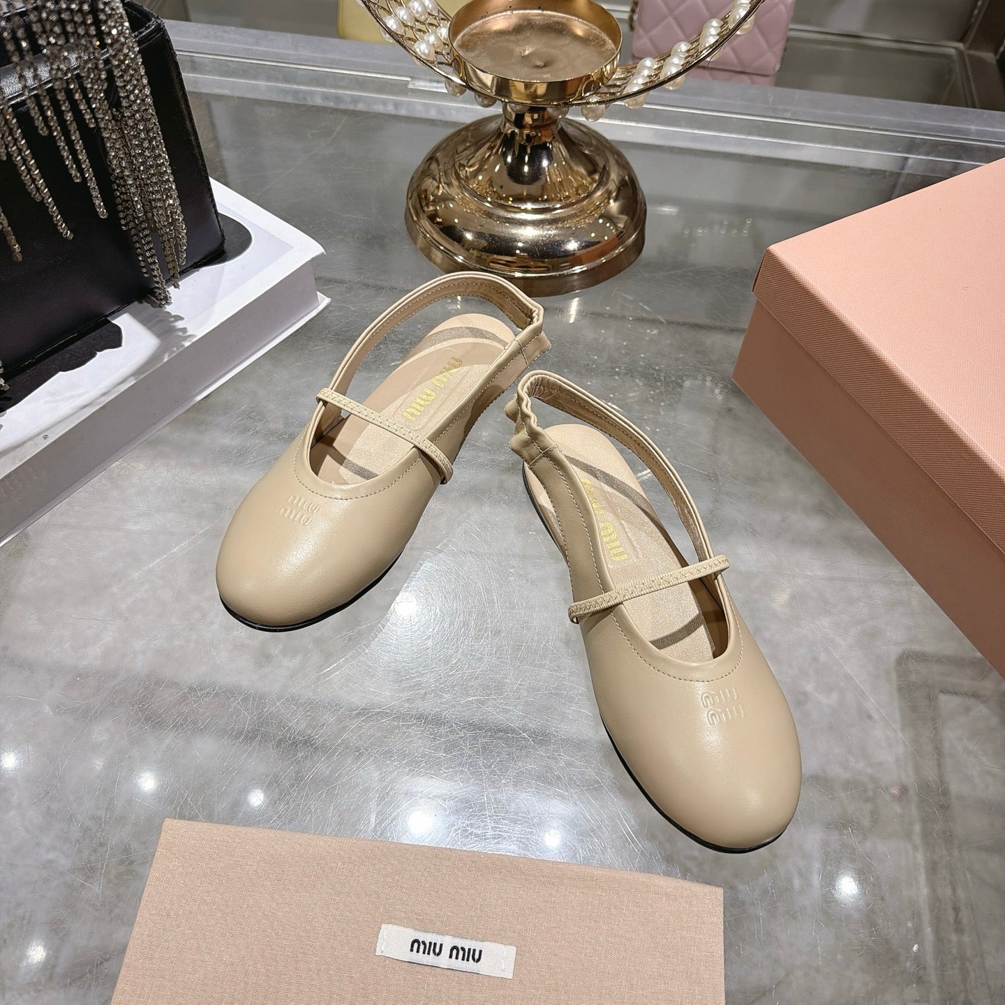 Miu Miu Slingback Flats Beige Leather 901737