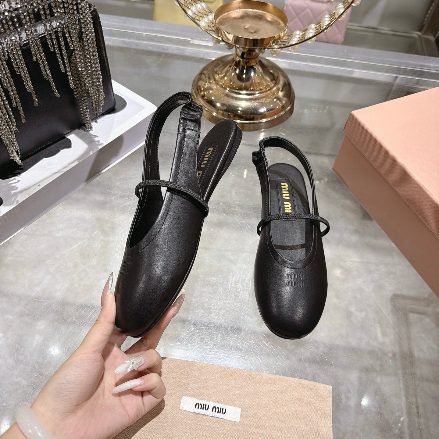 Miu Miu Slingback Flats Black Leather 901738