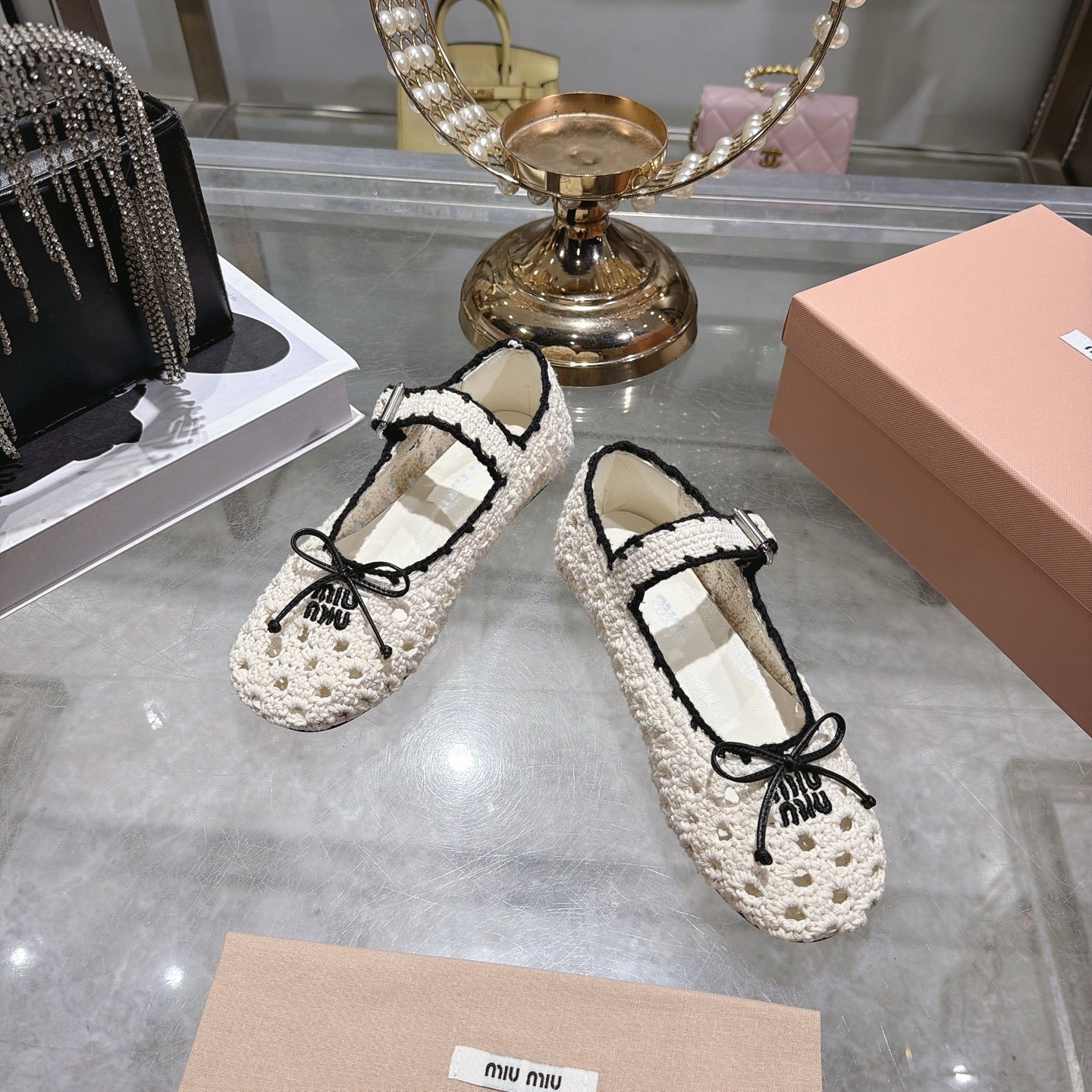 Miu Miu Crochet Ballerinas Cream Black Wool Leather 901742
