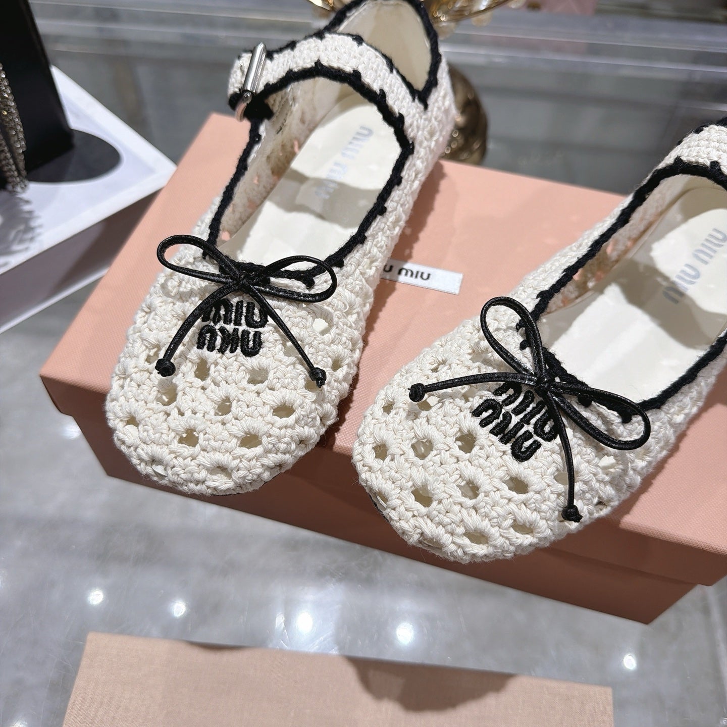 Miu Miu Crochet Ballerinas Cream Black Wool Leather 901742
