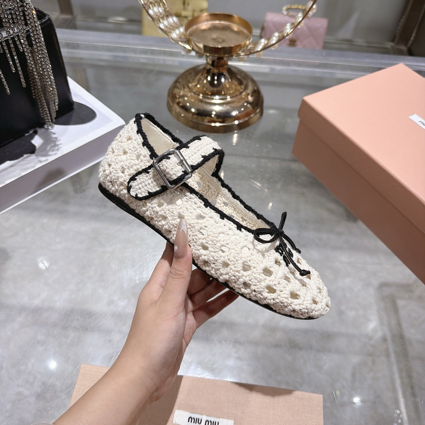 Miu Miu Crochet Ballerinas Cream Black Wool Leather 901742