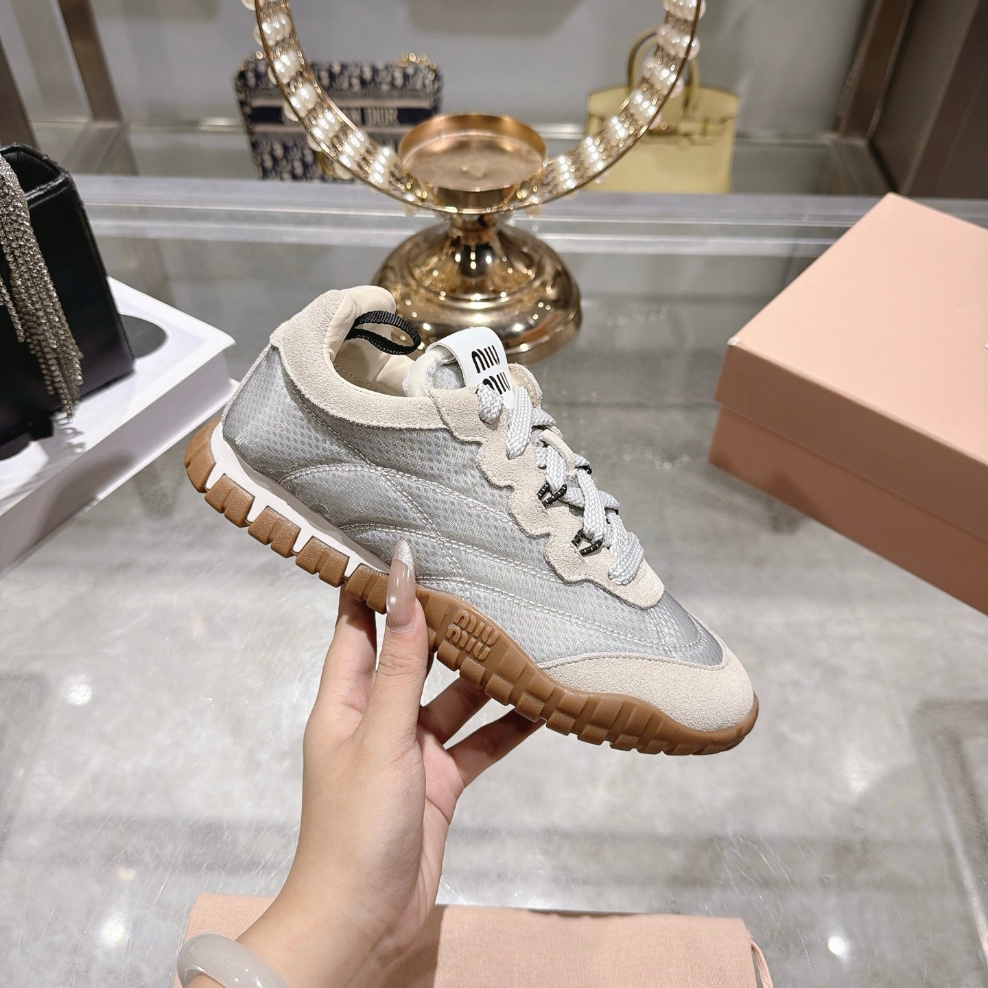 Miu 26s Tyre Sneakers Grey Cream Suede Technical Fabric 951528