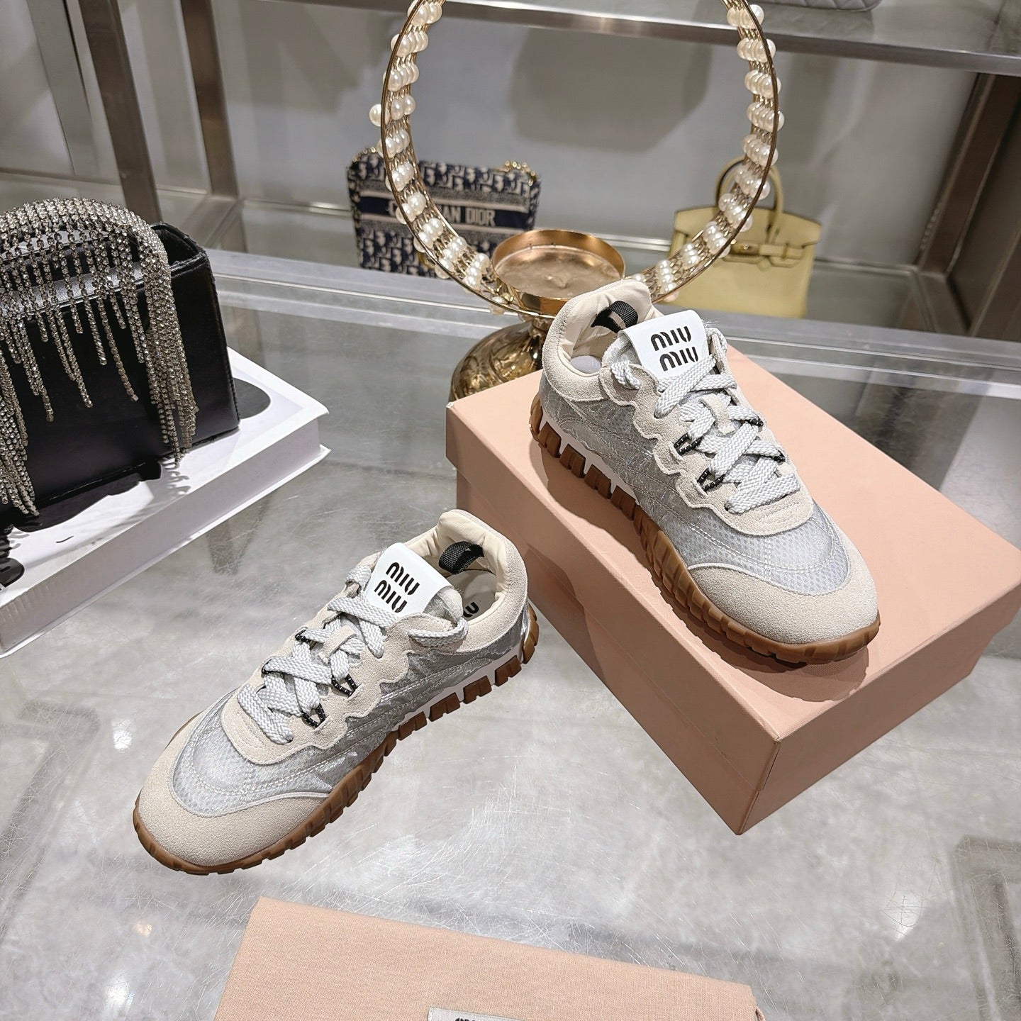 Miu 26s Tyre Sneakers Grey Cream Suede Technical Fabric 951528