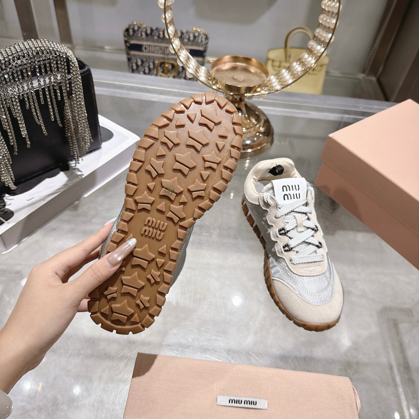 Miu 26s Tyre Sneakers Grey Cream Suede Technical Fabric 951528