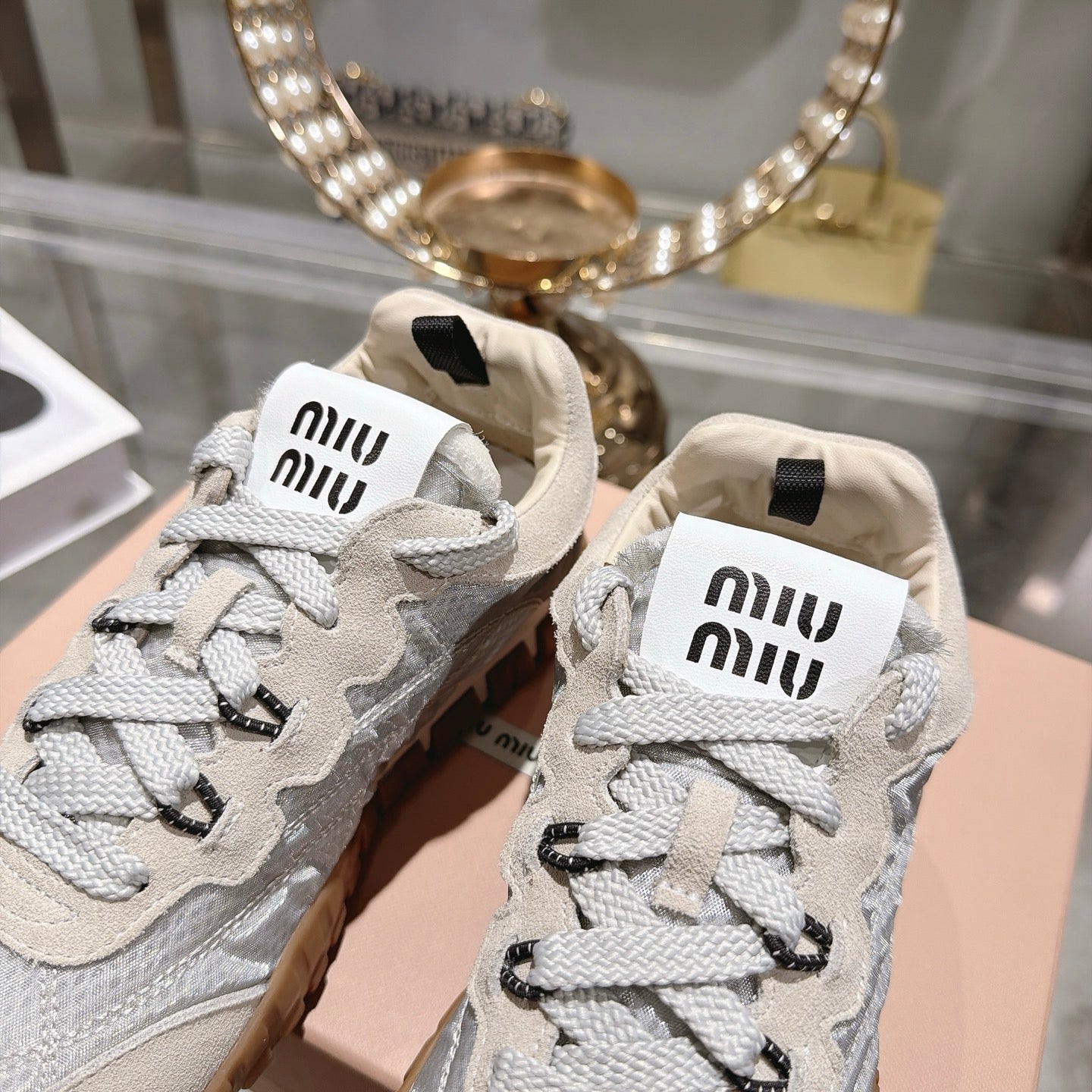 Miu 26s Tyre Sneakers Grey Cream Suede Technical Fabric 951528