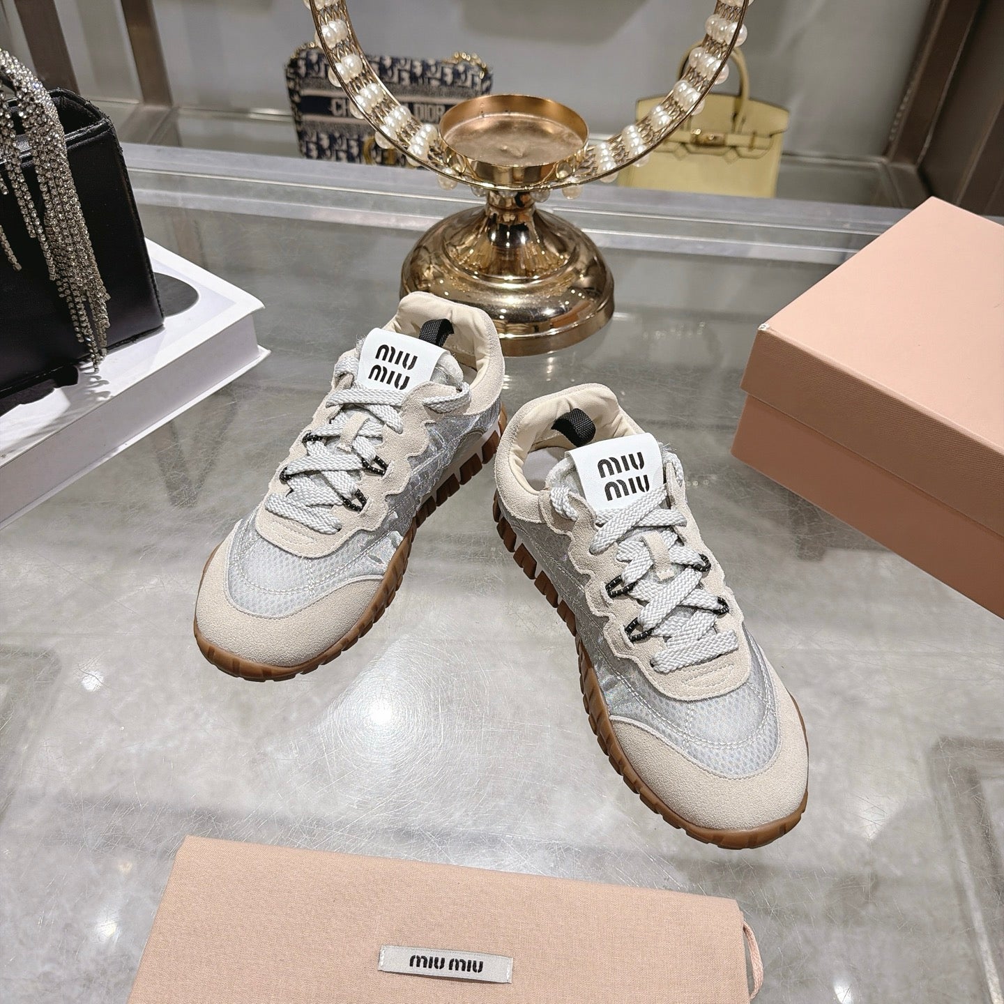 Miu 26s Tyre Sneakers Grey Cream Suede Technical Fabric 951528