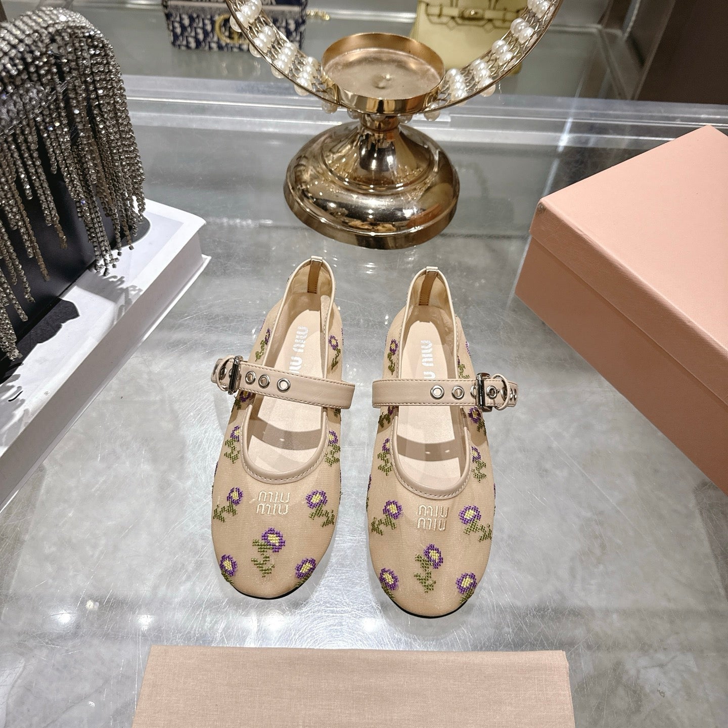 Miu 26s Embroidered Ballerinas Beige Mesh 951509