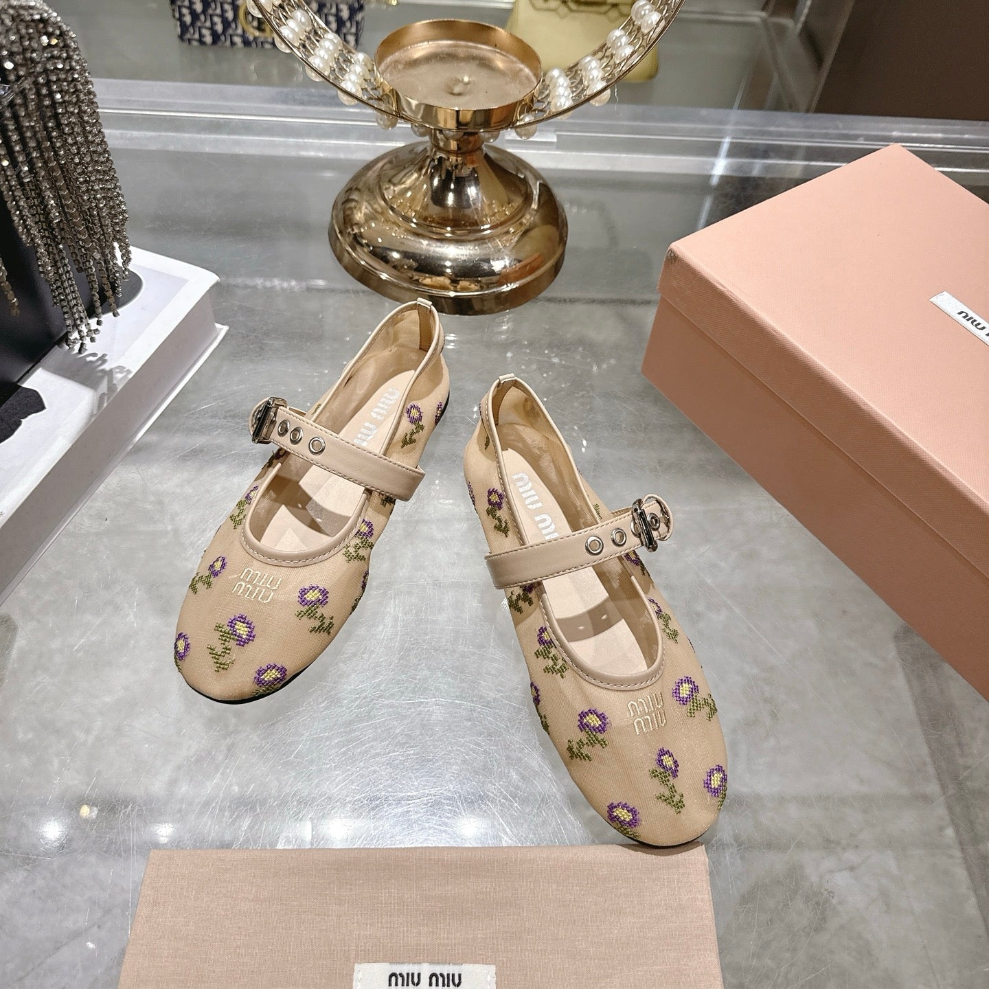 Miu 26s Embroidered Ballerinas Beige Mesh 951509