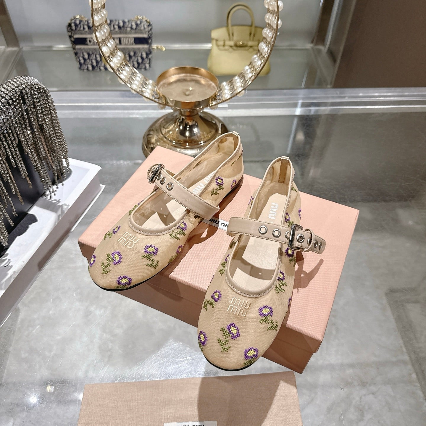 Miu 26s Embroidered Ballerinas Beige Mesh 951509