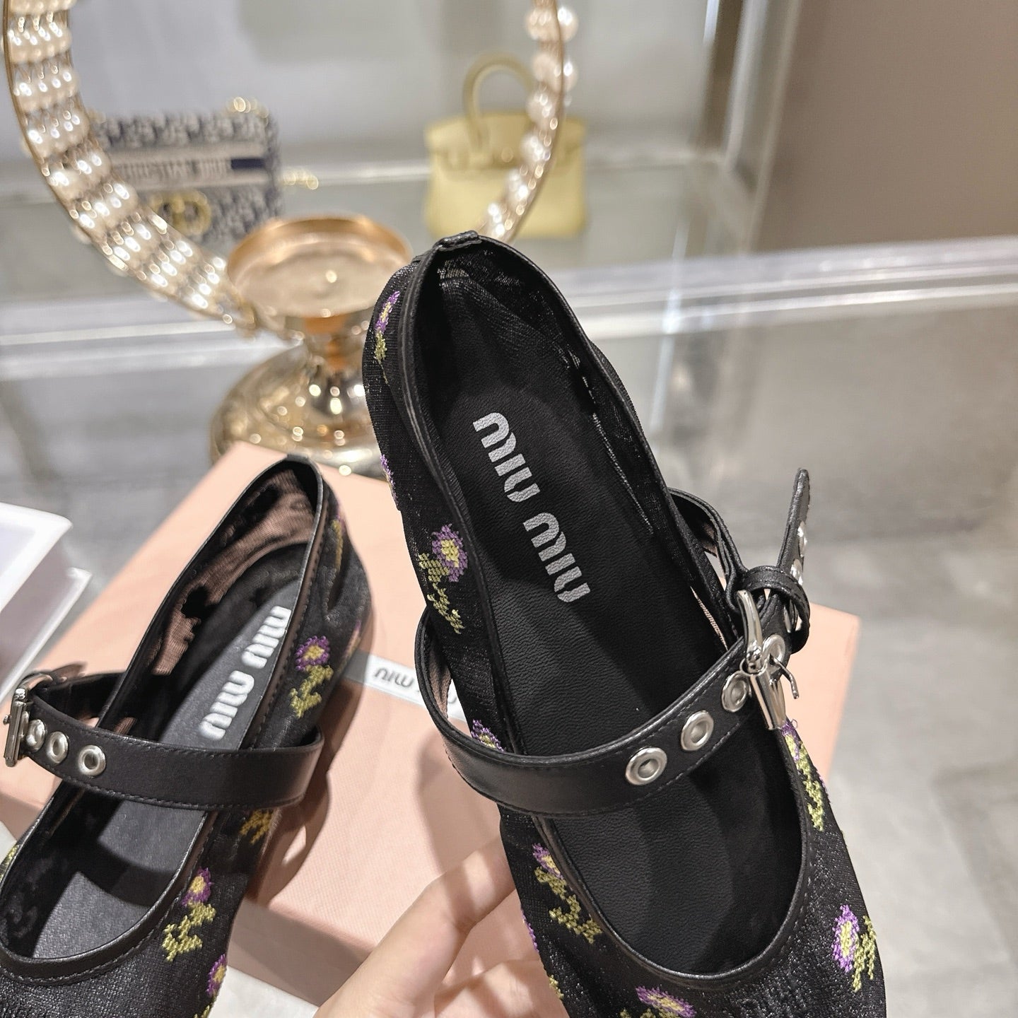 Miu 26s Embroidered Ballerinas Black Mesh 951510
