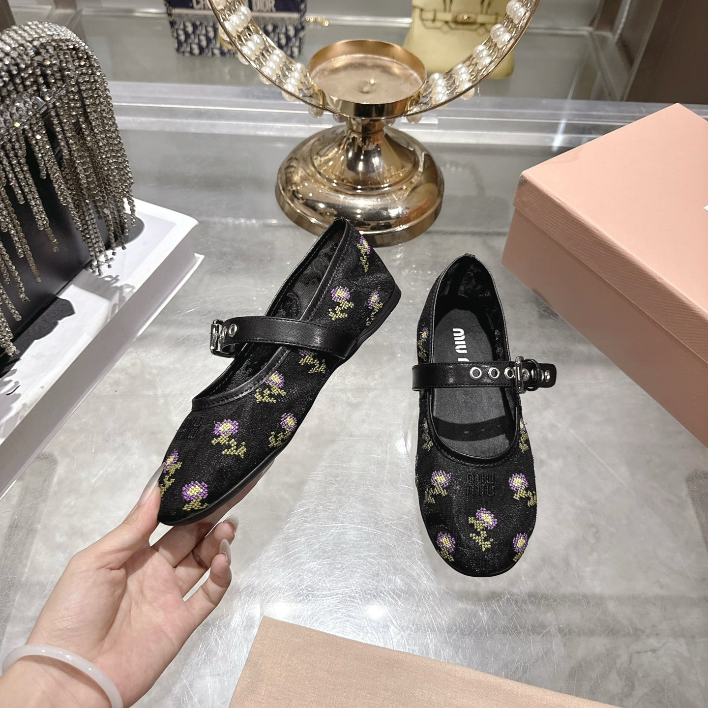 Miu 26s Embroidered Ballerinas Black Mesh 951510