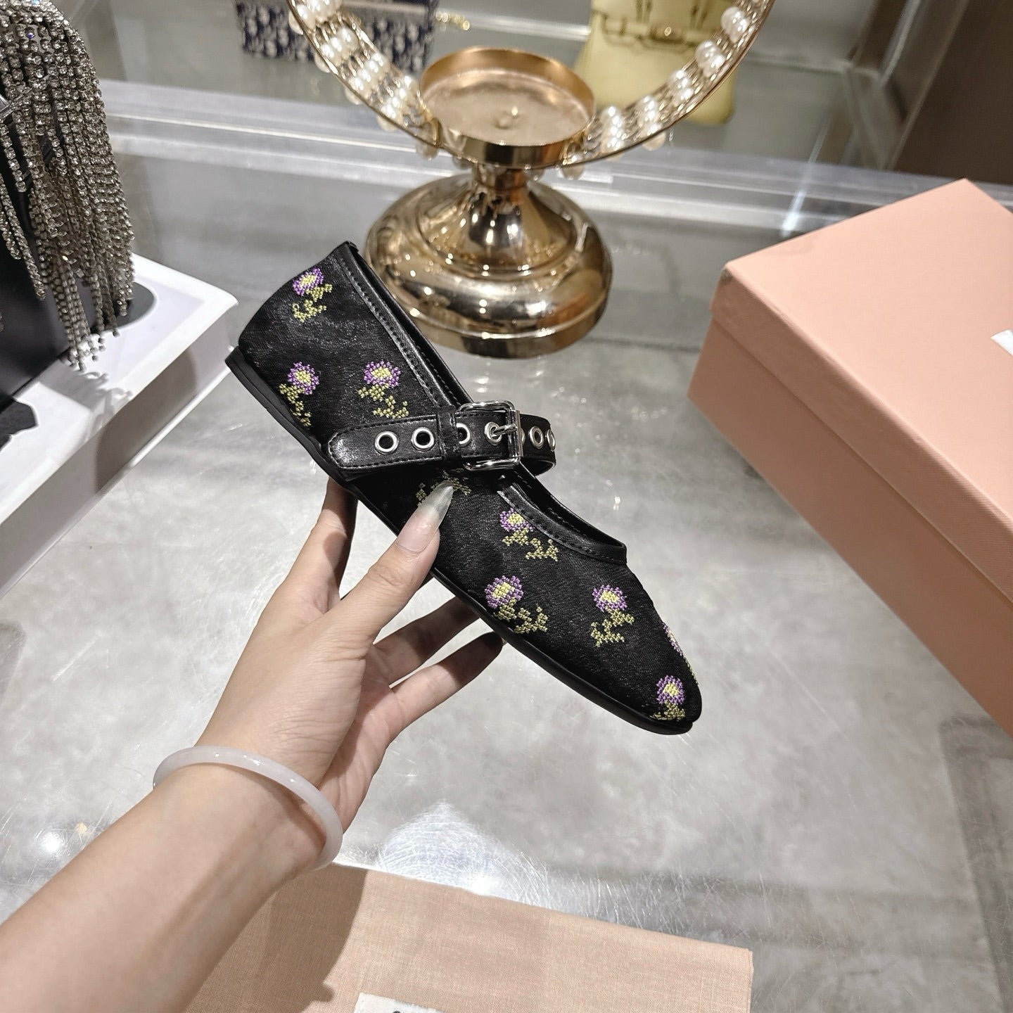 Miu 26s Embroidered Ballerinas Black Mesh 951510