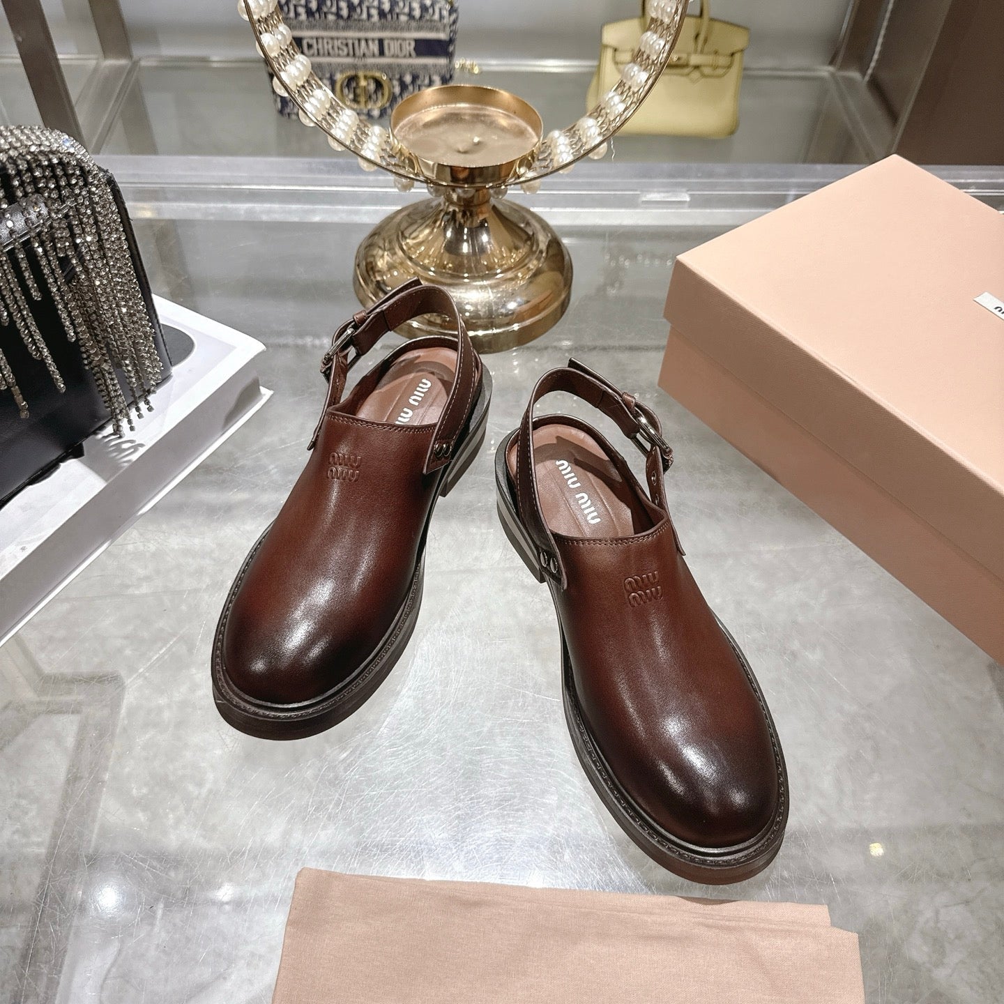 Miu 26s Clogs Ankle-strap Brown Leather 951505