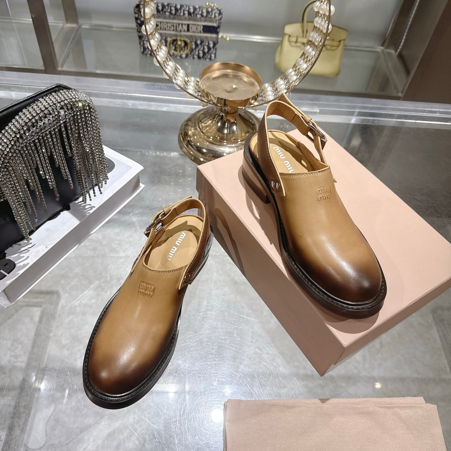 Miu 26s Clogs Ankle-strap Beige Leather 951507