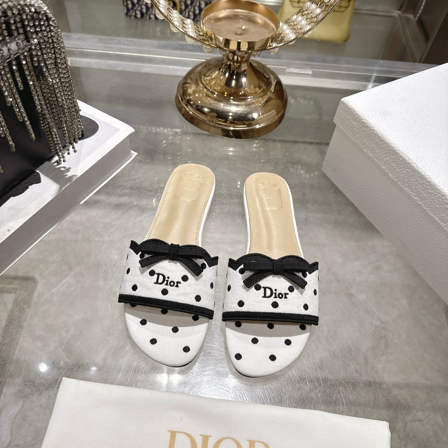 CD Dway Flat Sandal PolkaDior White Motif Cotton Leather 951362