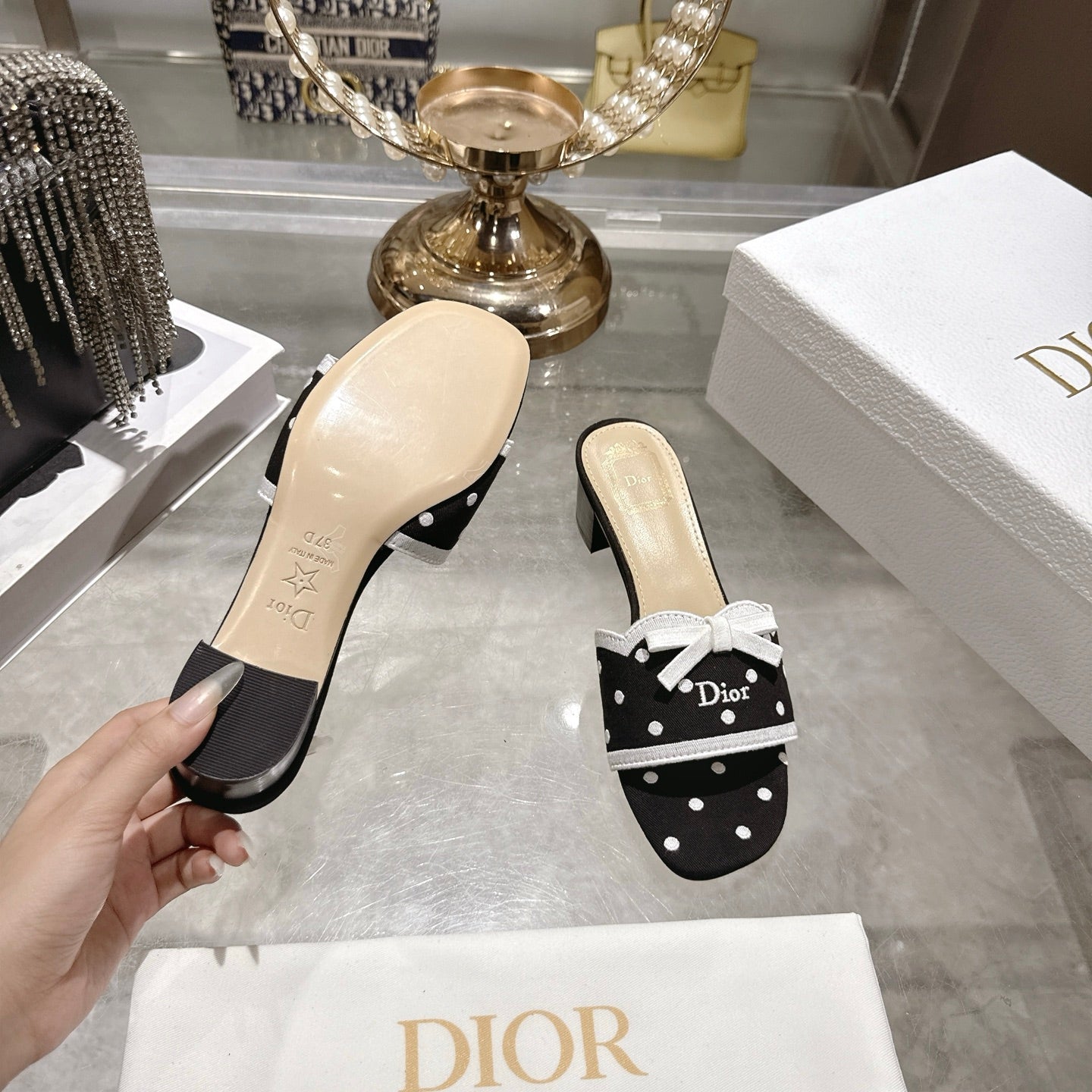CD Dway Sandal 3.5cm PolkaDior Black Motif Cotton Leather 951356